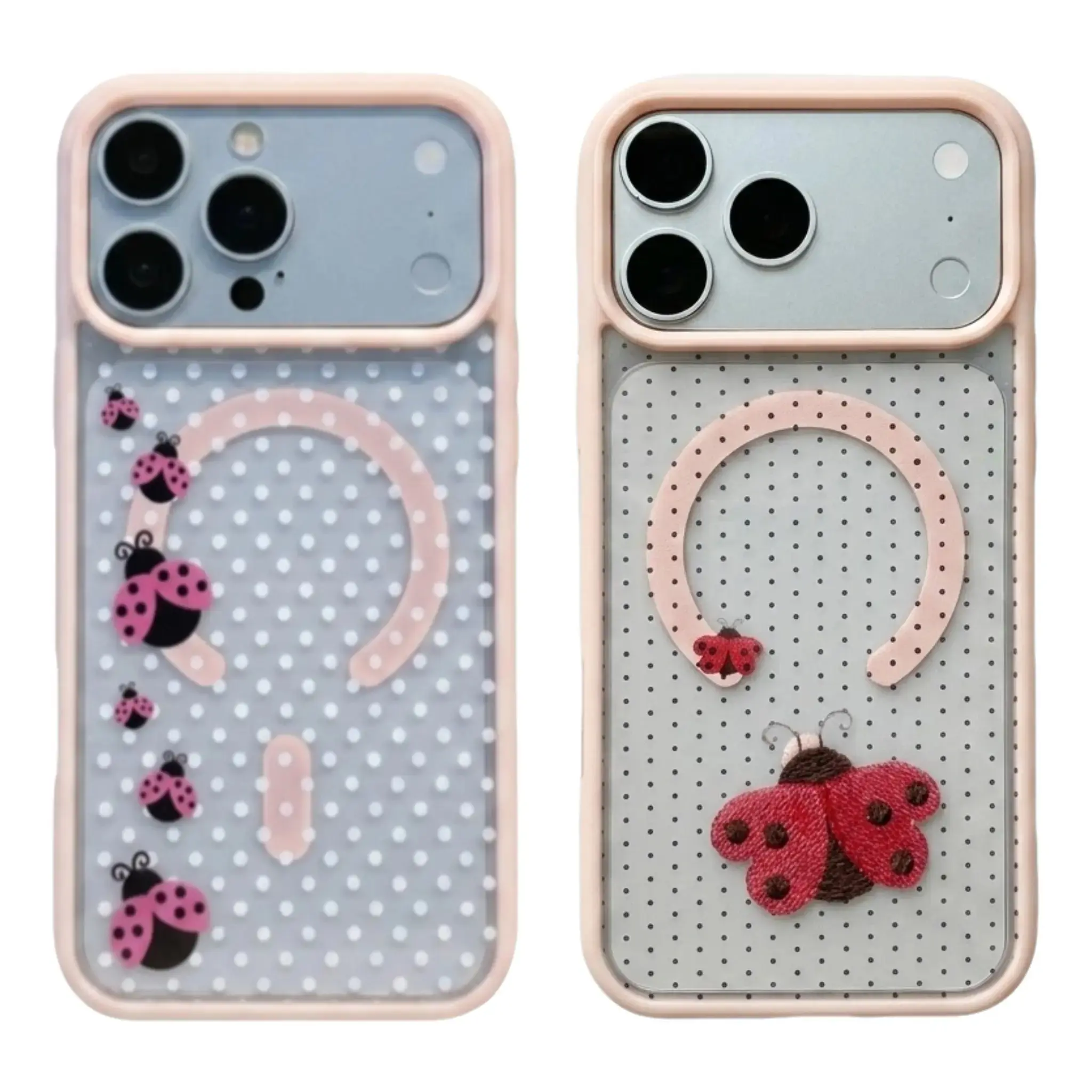 Puffer Case Acrylic+Silicone Magnetic Grip Phone Case For IPhone Series (17,16 Pro Max Plus,15,14,13,12,11,Air,E) - Ladybug Floral Dots Pattern, Full Body Shockproof, Wireless Charging Compatible, Transparent Mobile Phone Accessories