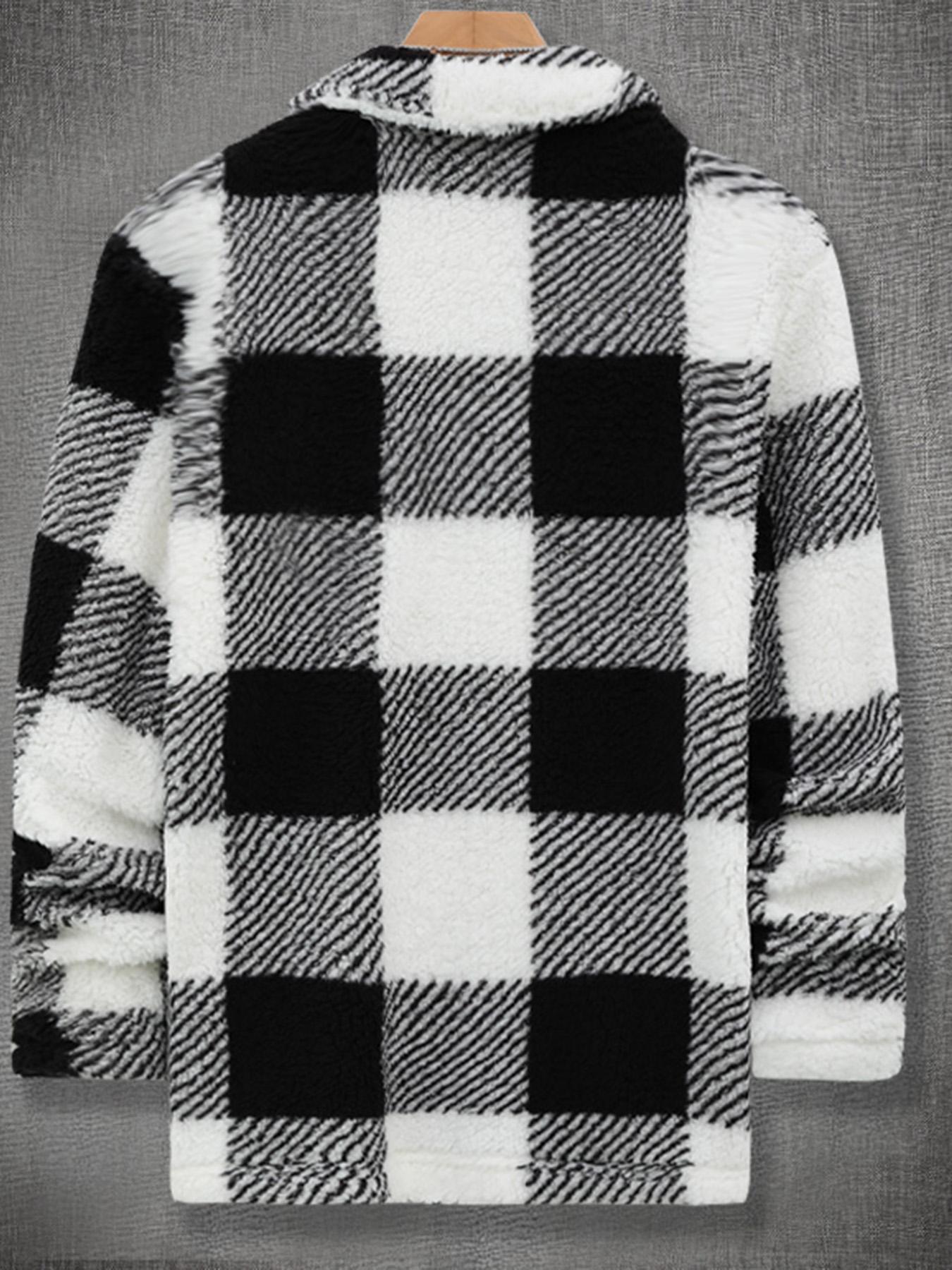 Men's Plaid Print Button Front Fuzzy Lounge Jacket, Casual Long Sleeve Collared Outerwear for Fall & Winter, Men's Sleepwear for Daily Wear, Casual Style Outerwear, Casual Fitted Jacket, Casual Jacket Coat, Casual Fashion Jacket
