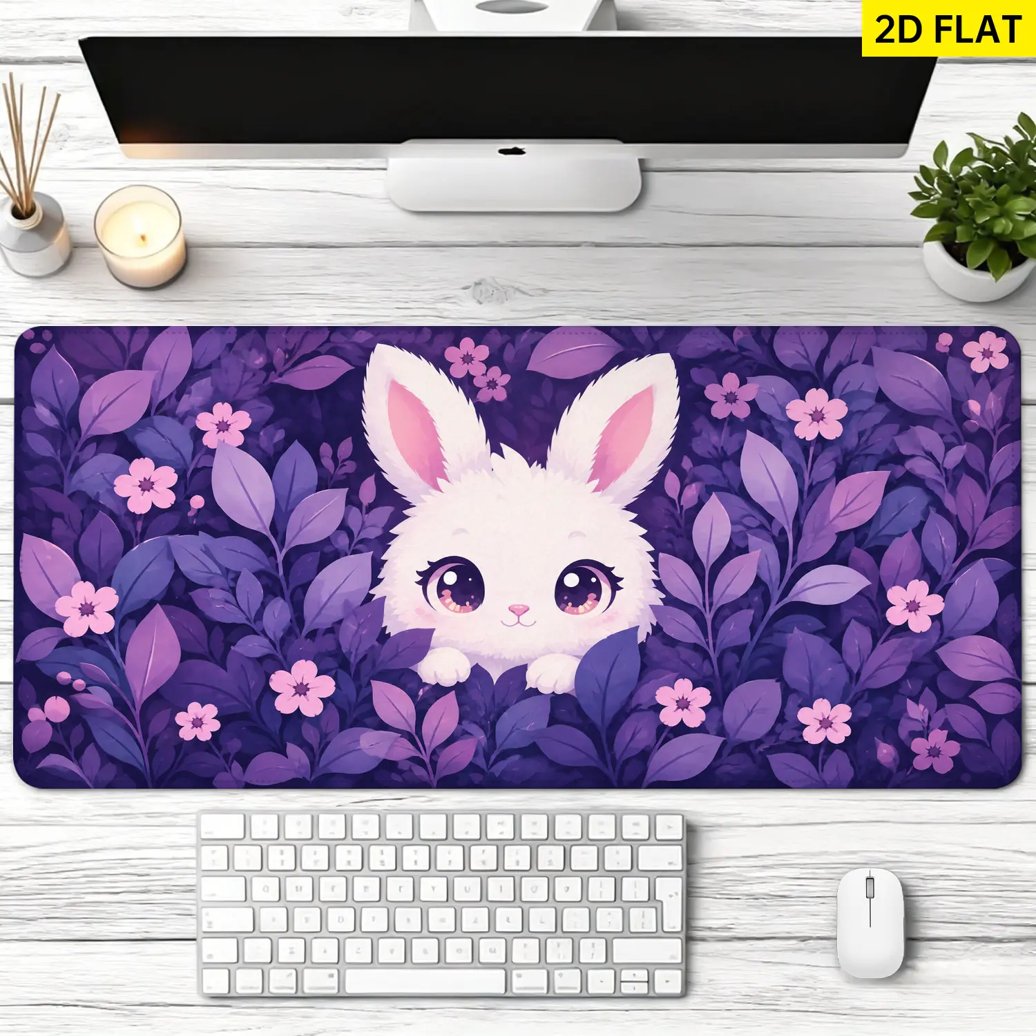 Cute White Bunny Floral Design Extra Large Mouse Pad, 27.5*11.8 inches(70x30cm) Non-Slip Rubber Computer Desk Protection Decoration, Lock Edge Washable Multi-Size Premium Multipurpose for Office Gaming Users with Precision Move Support, All Ages Gift, Des