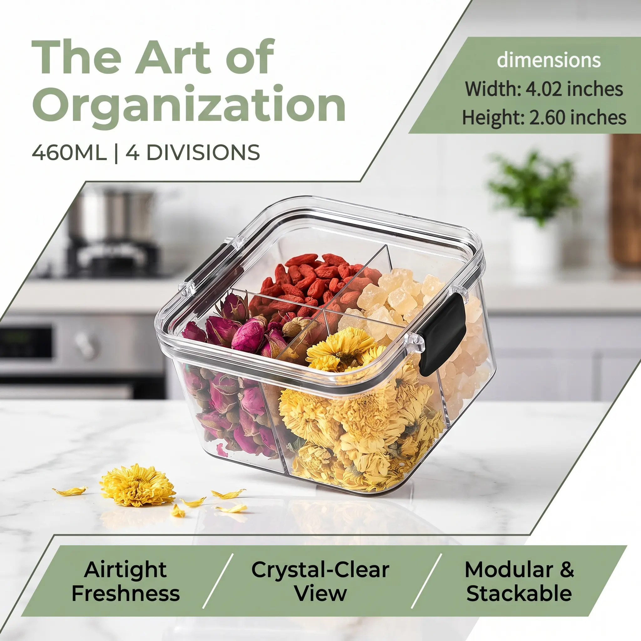 2 PCS plastic square food storage containers with lids - 4-compartment airtight jars, rounded corner design, stackable for kitchen, fruits, snacks, dry goods storage - transparent, leak-proof seal, Airtight sealed container-YY1