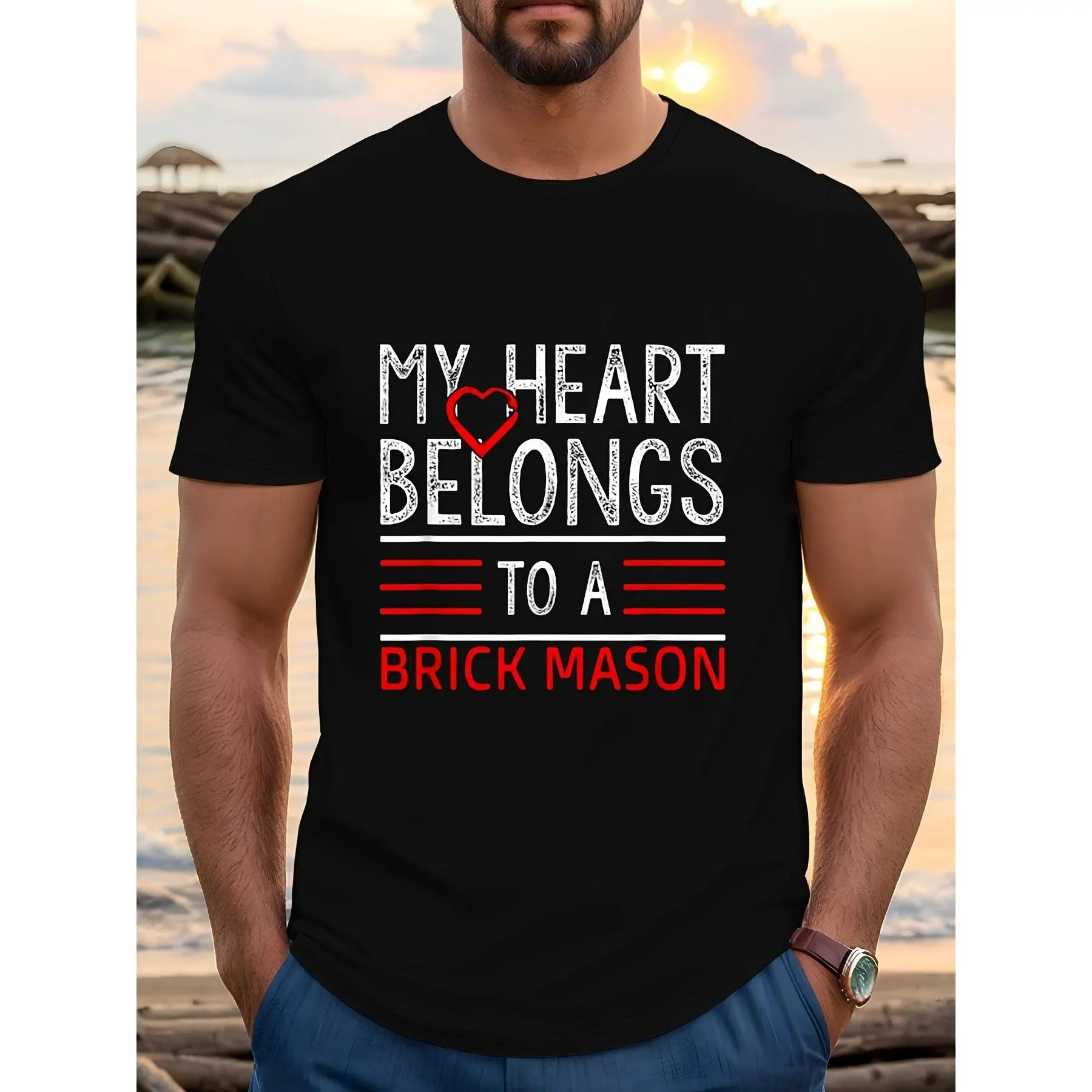 Retro Bricklayer TShirt My Heart Belongs to A Brick Mason Graphic Tee Suitable for Casual Wear Machine Washable Round Neck Shirt for Workers Masonry EnthusiastsRetro Casual Crew Neck Printed T-Shirt