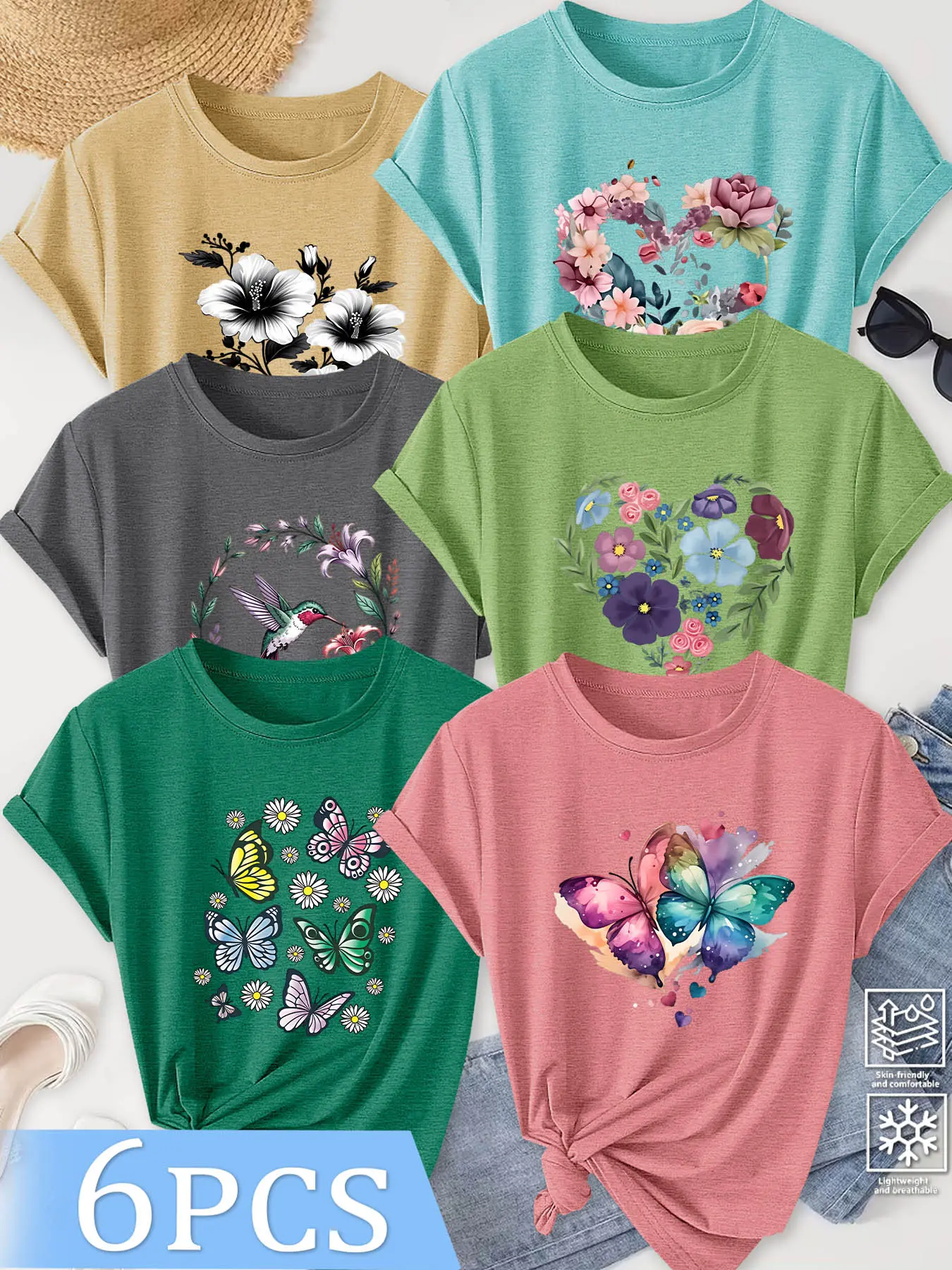 6Pcs Women Crew Neck T-shirt, Floral Wreath Hummingbird Gradient Butterfly Romantic Girl Print, Soft Aesthetic Washable Daily Casual Fashion Tee Outfit