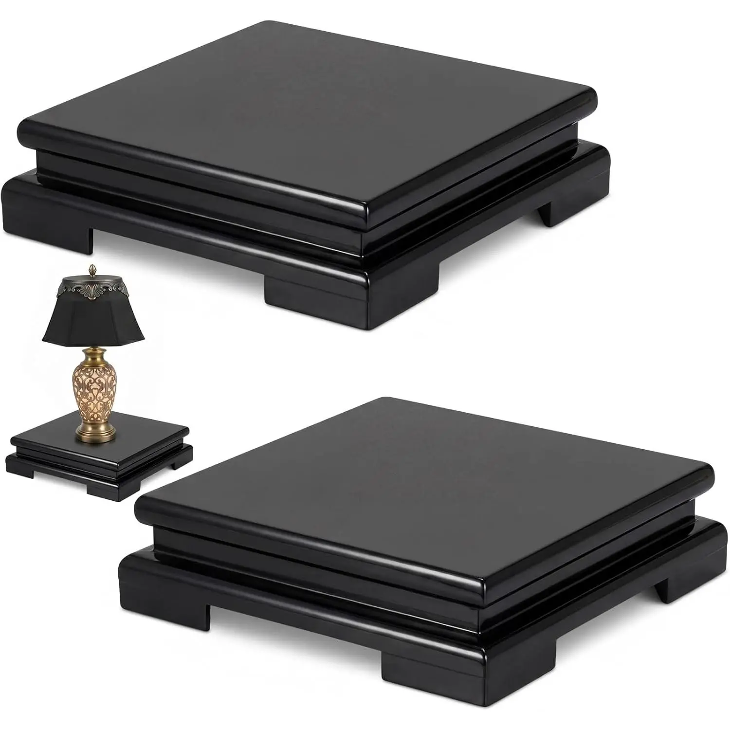 2-Piece Smooth Minimalist Square Black Wooden Display Risers, 7.9"x7.9"x2" Pedestals for Home Decoration Vases, Trophies, Collectibles, Two Pieces