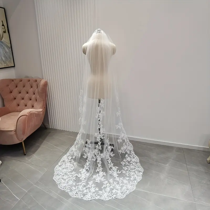 78.74 Inch Single Layer Long Lace Bridal Veil with Attached Hair Comb, Wedding Veil Accessory, Available in Black & White