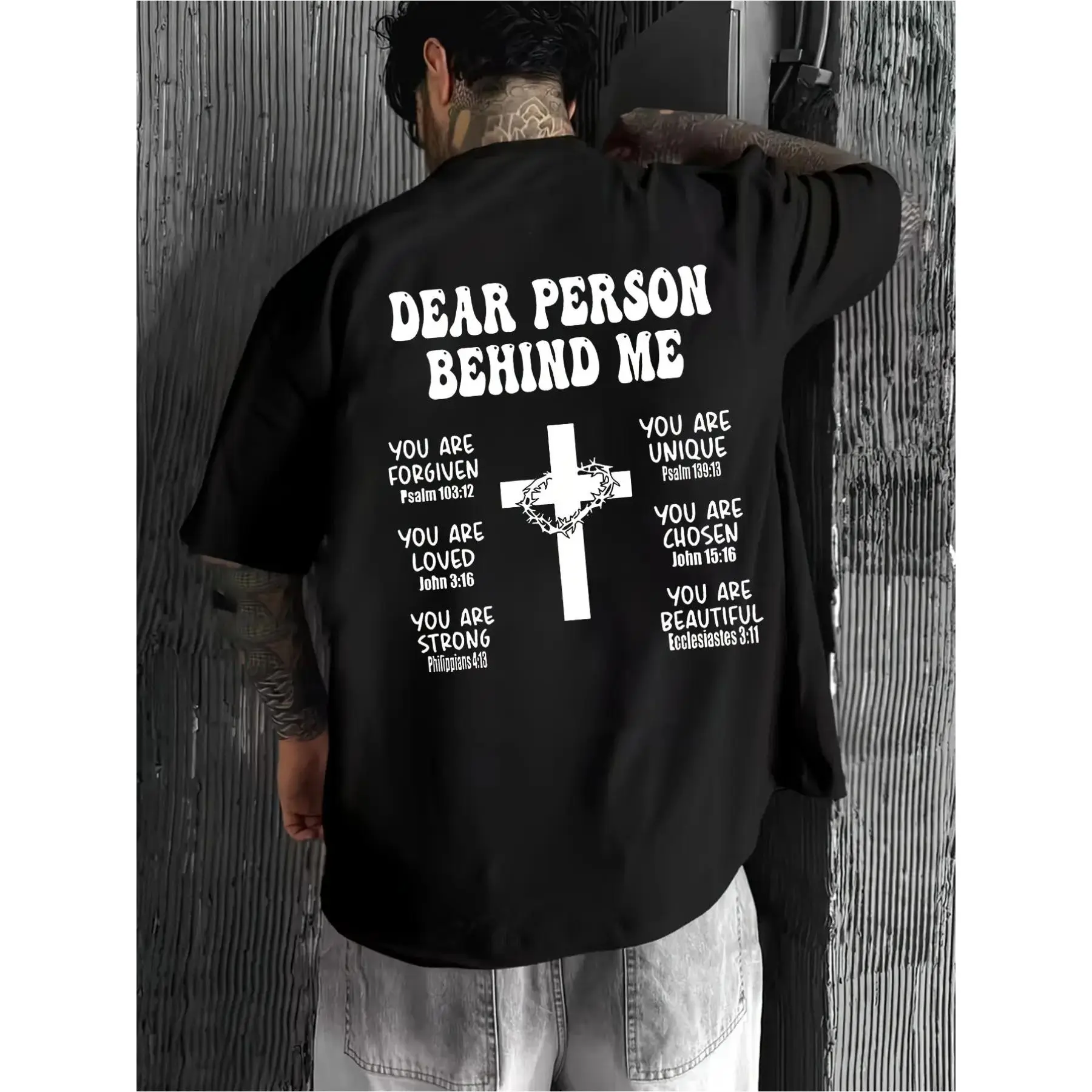 Black Graphic T-Shirt for Men |   Bold "DEAR PERSON BEHIND ME" Design with Inspirational Bible Verses, Unique Cross and Crown of Thorns Motif, Relaxed Fit for All Day Comfort, Perfect for Casual Wear, Crew Neck, Regular Sleeve, Flared Hem