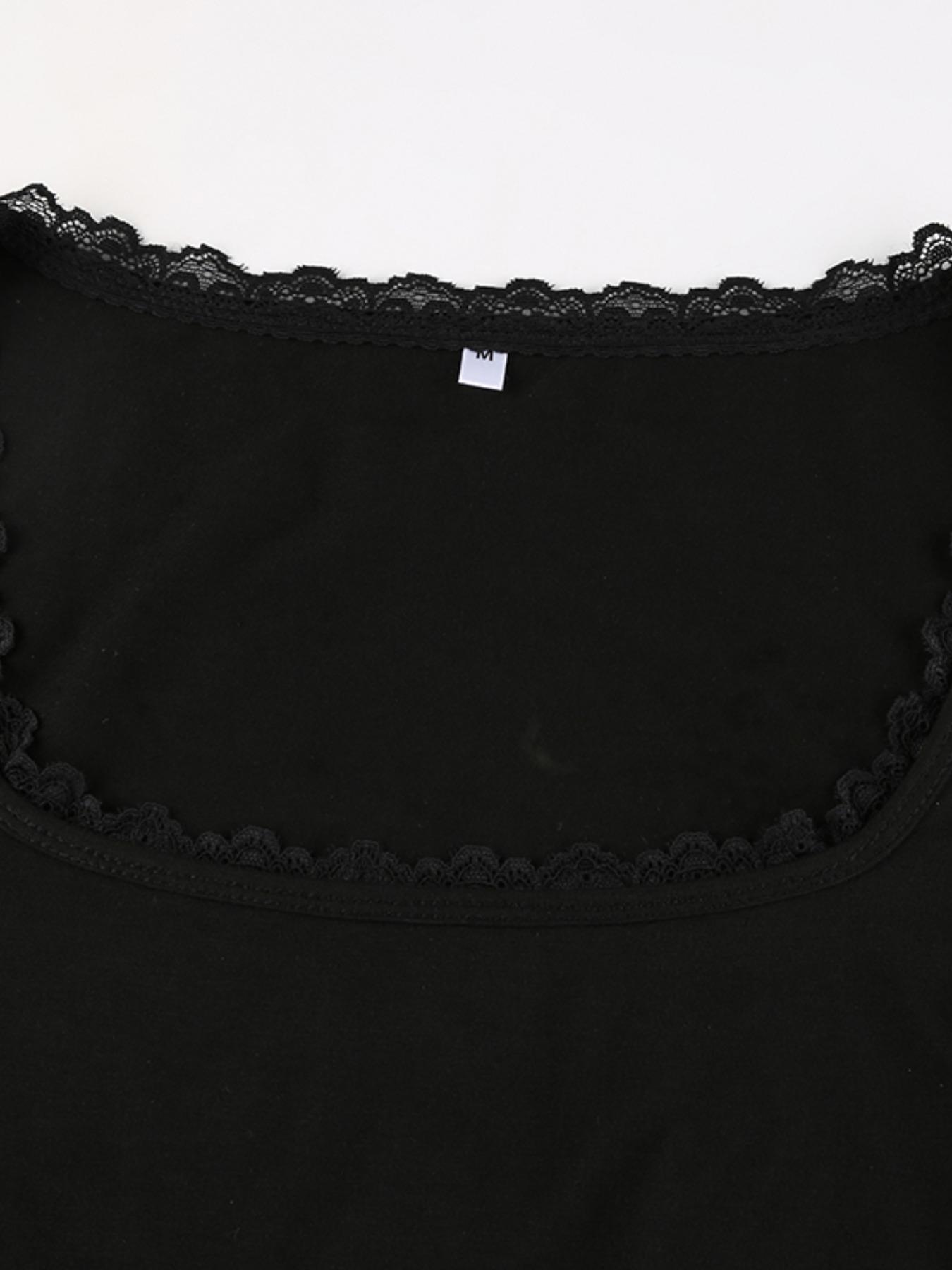 Women's Vintage Y2K Aesthetic Contrast Lace Square Neck Crop Tee, Women's T Shirts, Womenswear, Streetwear, Lady, Street Casual Solid Long Sleeve Slim Skinny Top for Fall, Spring, Please Purchase A Size Up