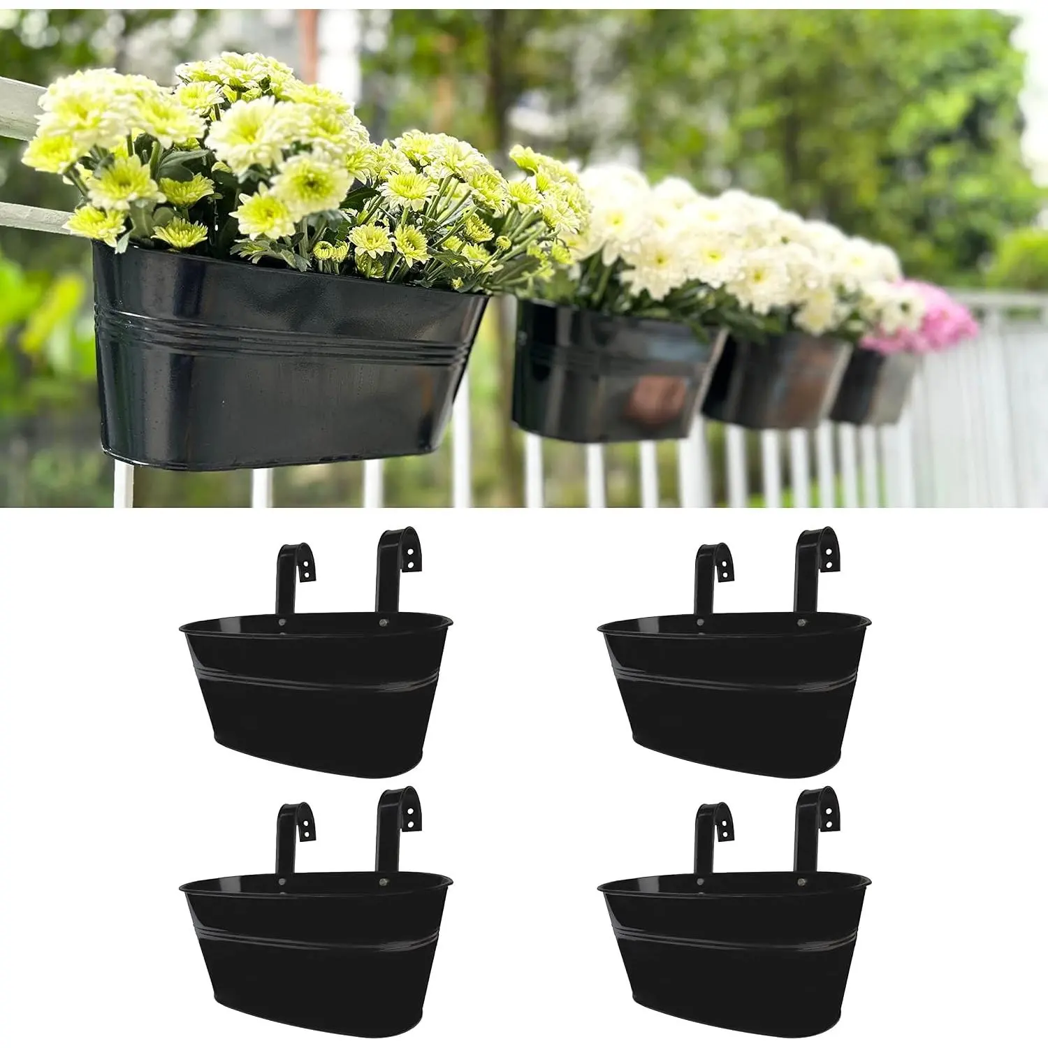 Outdoor Rail Planter for Balcony (4 Pack, 9.8 Inch) Small and Cute Black Metal Iron Fence Hanging Flower Pots Deck Railings Buckets Boho Style Window Box Plant Holder Hooks Porch Decor