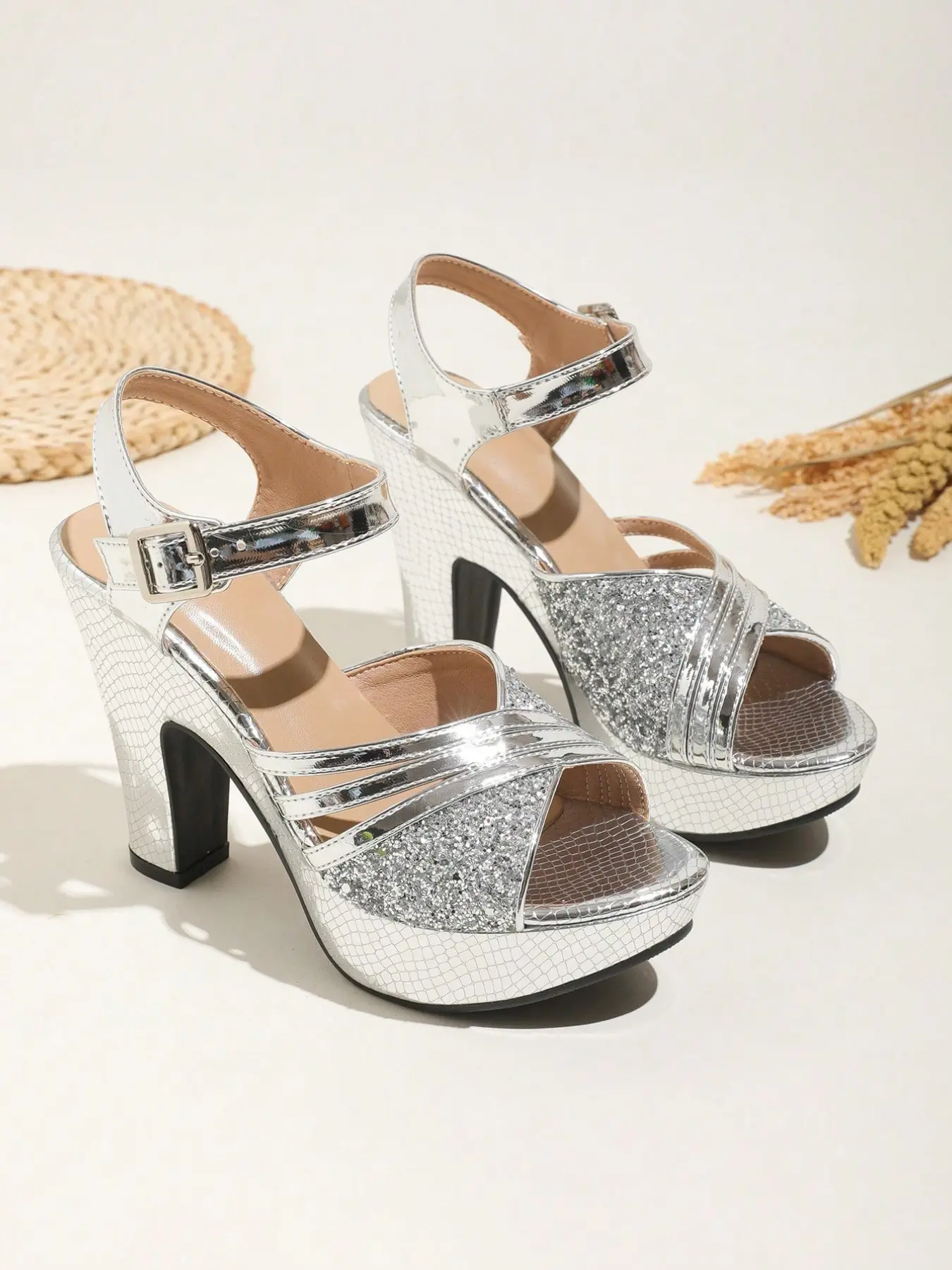 Women's Silver Color Metal Snake Print Waterproof Platform Sandals, Glitter Peep Toe Anklet Thick Heel Wedding Party Shoes