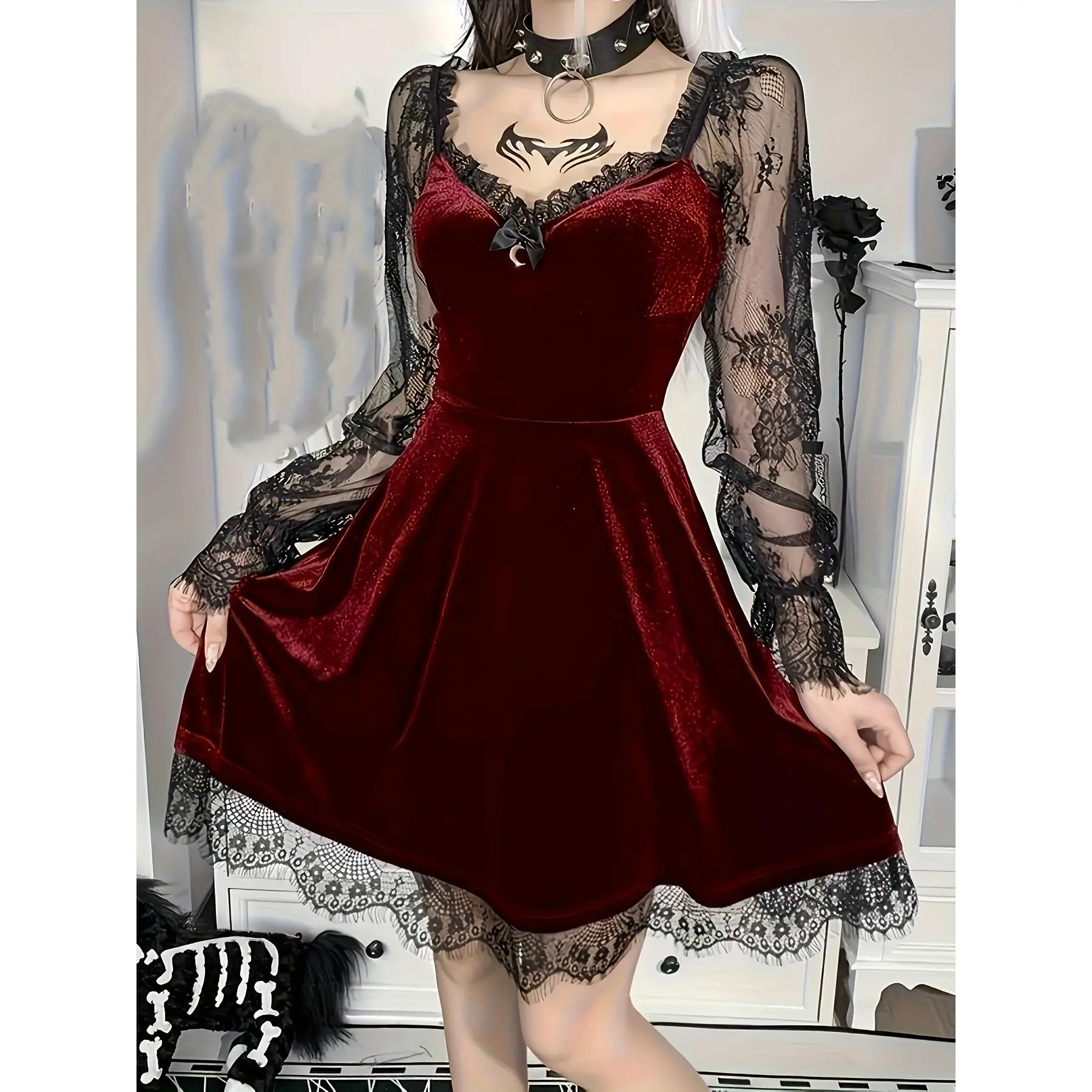 Gothic Versatile Hip-Hop Bow Small Moon Velvet Lace Patchwork Fashionable Bust-Enhancing Boat Neck Hourglass Mesh Lace Sleeve Dress, Cosplay, Cute, Sexy, Graduation Ceremony