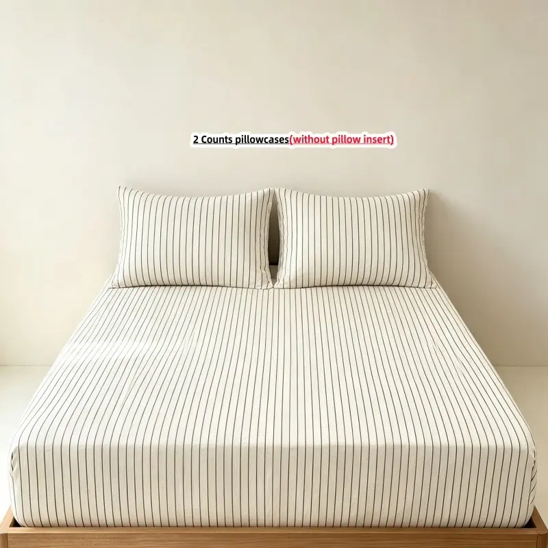 3pcs Striped Fitted sheet Set, Polyester Bedding, Includes 1 Fitted sheet and 2 Pillowcases,without pillow insert, Elastic Band for Easy Fixing, Mattress Protector, Casual Style