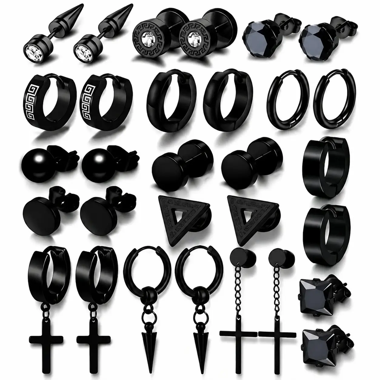 15 Pairs Matte Black Stainless Steel Mens Earring Set, Punk Studs with Clear CZ, Huggie Hoops and Cross Chain Dangle Earrings, Dark Gothic Hip Hop Streetwear Cartilage Earrings
