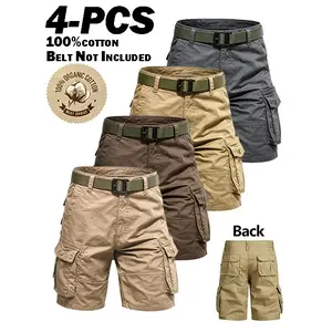 4-PCS Men Vintage Cotton Cargo Shorts Mid Waist Straight Knee Chino Bottoms Loose Fit Soft Breath Summer Multi Pocket Casual Pants Outdoor Hiking Walking Daily Travel Trendy Male Streetwear Light Solid Color Daily Holiday Weekend Daily Casual Walking