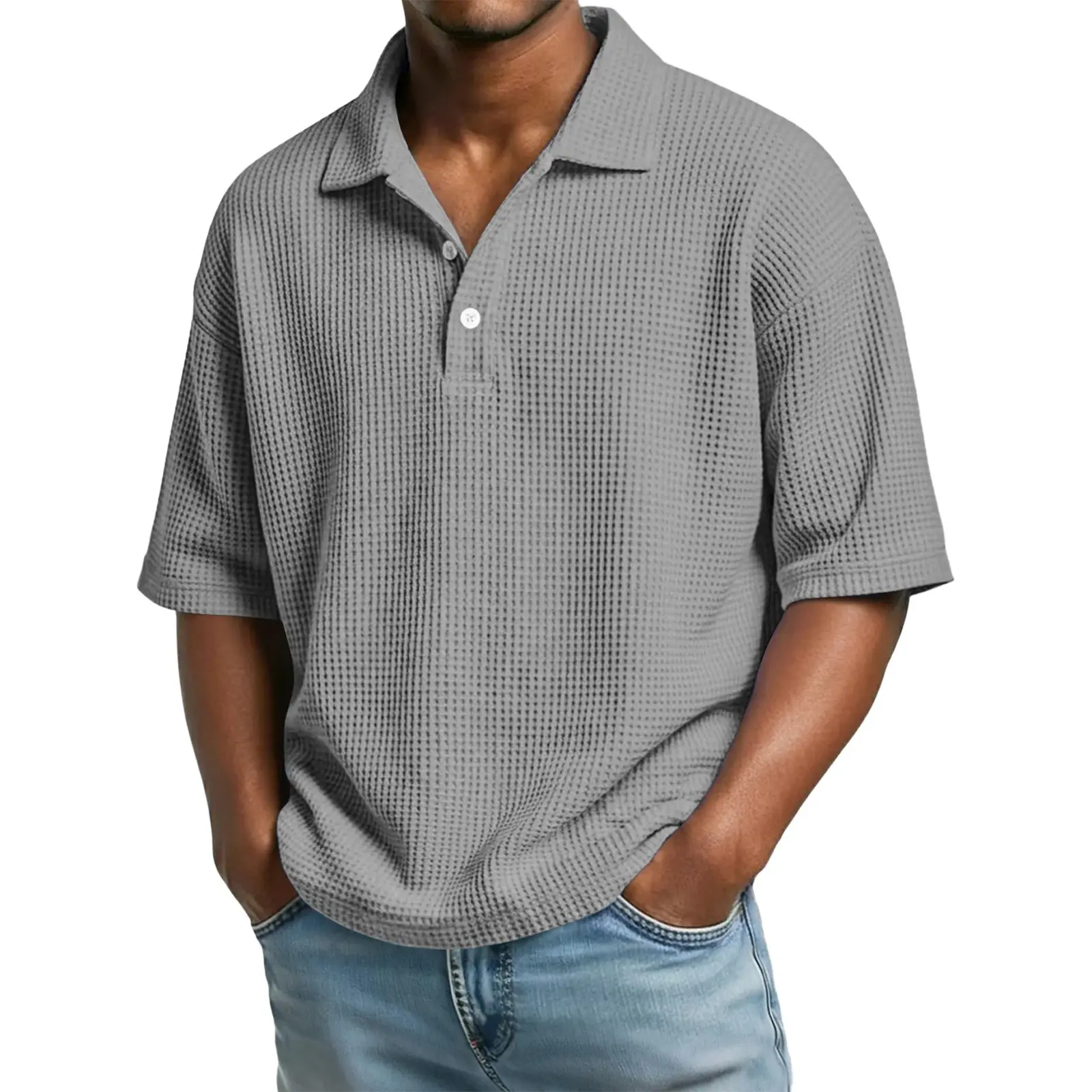 Spring Summer Must Have Men's Retro Waffle Knit Polo Shirt Lightweight Breathable Casual Long Sleeve Men's Shirt Button Placket Relaxed Loose Cut Soft Skin Friendly Fabric Wrinkle Resistant Construction Suitable