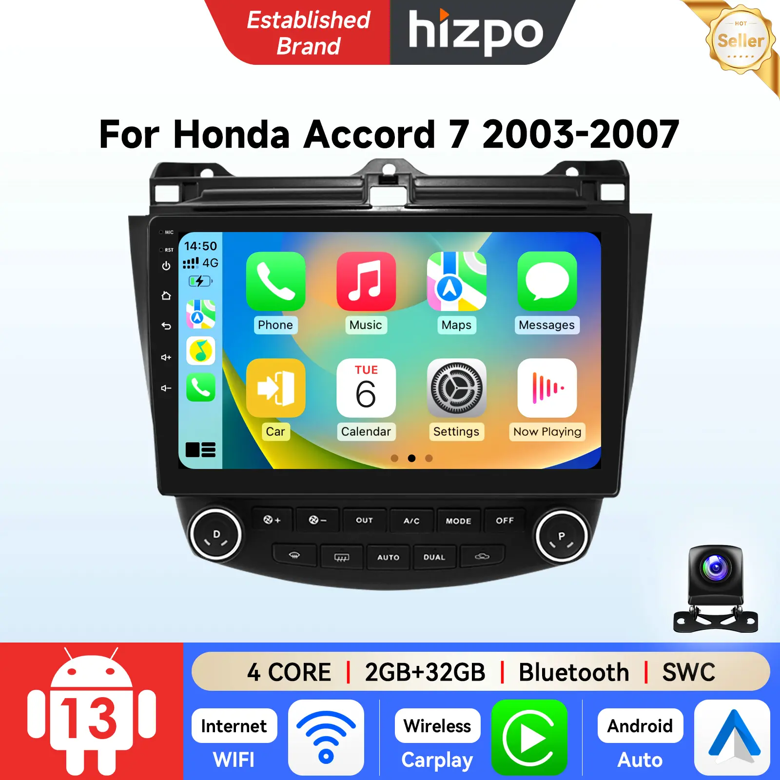 Hizpo Android 13 Bluetooth Car Radio for Honda Accord 7 (2003-2007), GPS Navigation, CarPlay, Android Auto, Steering Wheel Control Support, Radio Unit