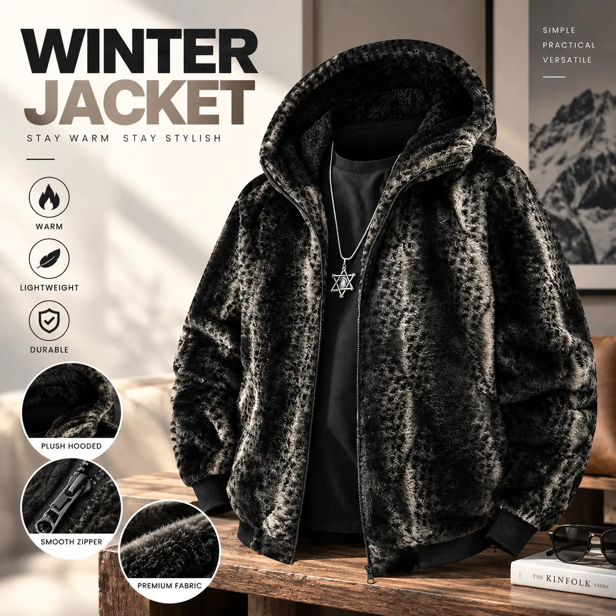 Men's Gradient Faux Fur Hooded Jacket Zip Pockets Fashion Outerwear