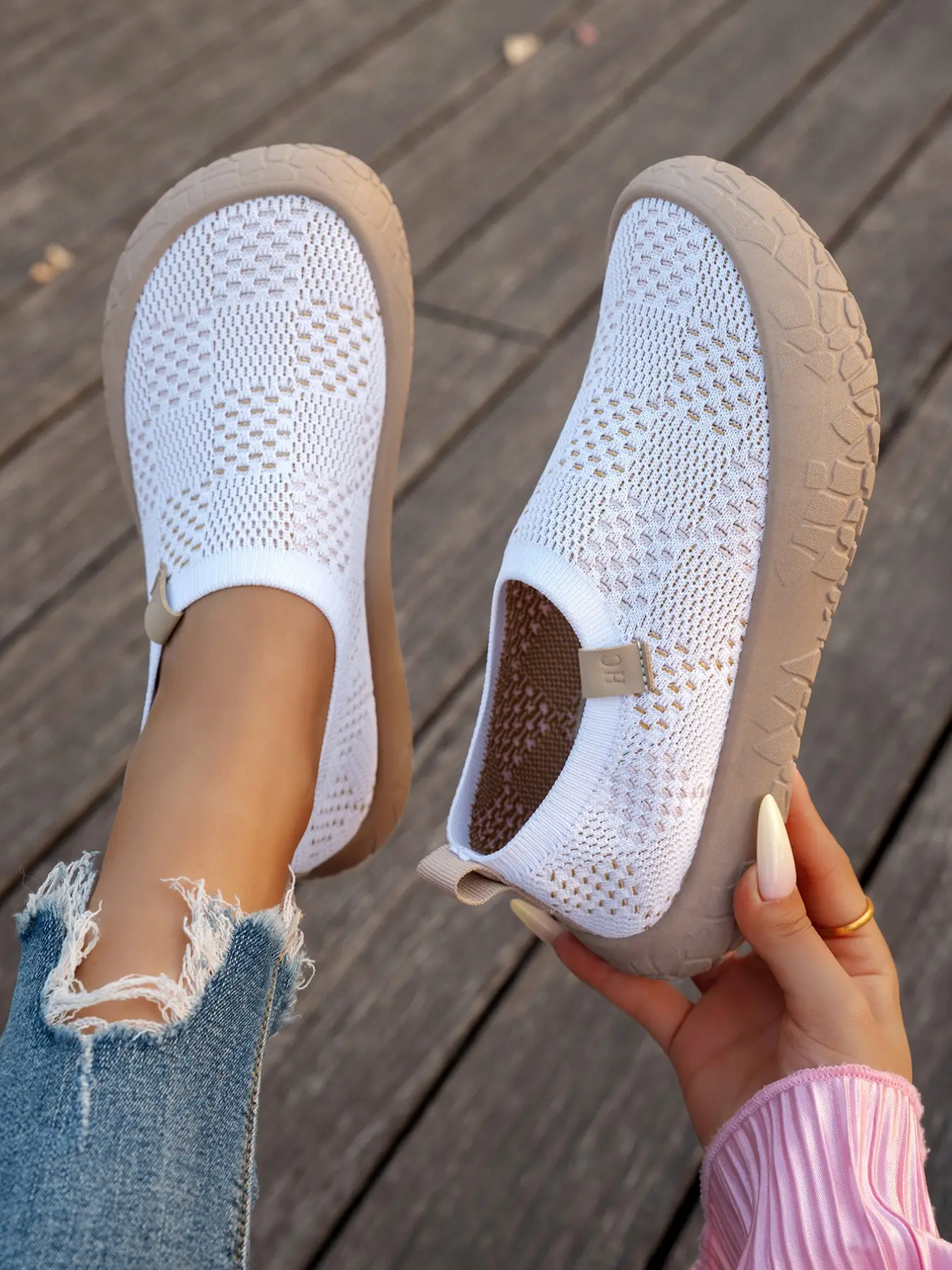 New Women's Casual Knit Slip-On Shoes, Breathable Rubber Sole, Round Toe, Medium Width, All-Season Comfort, No Laces, Easy On/off, Rubber Slip Ons, Slipon