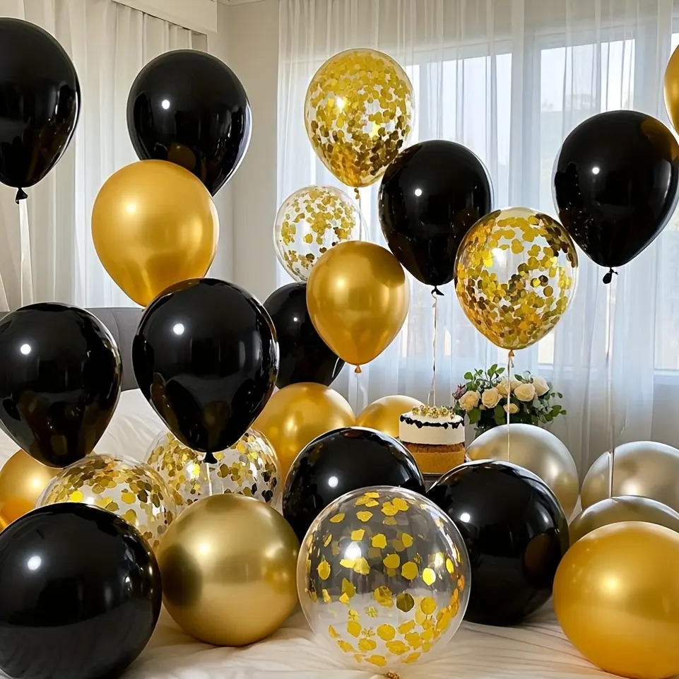 15pcs Black and Golden Glitter Balloon Set, Perfect for Birthdays, Weddings, Valentine's Day, Thanksgiving, Mother's Day, Halloween, Christmas, New Year, School Opening Ceremonies, Graduation Season, Home Decor, Balloon Arrangements, Balloon Parties