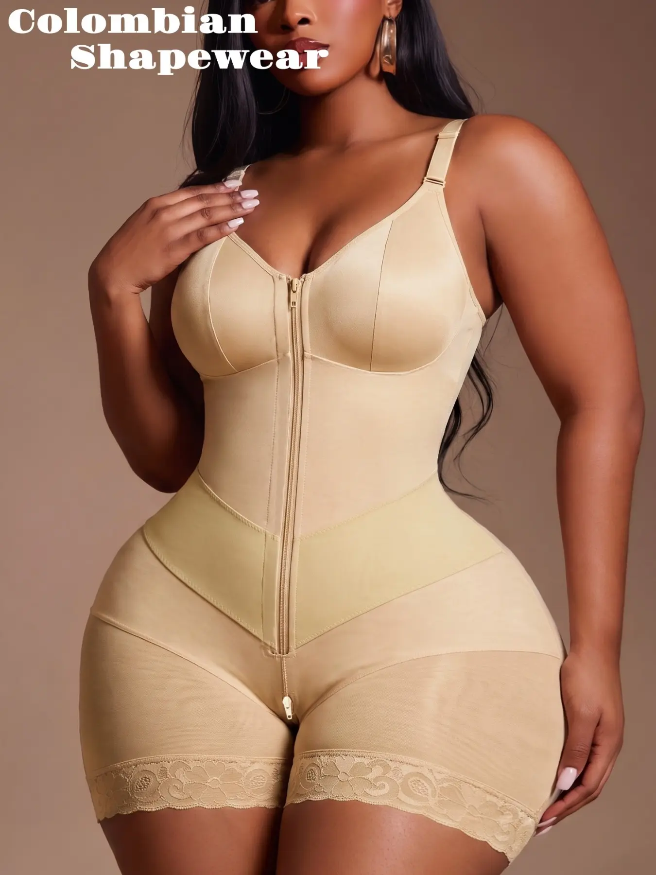 1 Count Women's Convenient Zipper Closure Body Shapewear, Colombian Shapewear, Fajas, V-Shaped Belts Bodysuit, Butt Lifting & Tummy Control Hourglass Curves Jumpsuit, High Compression Shapewear Bodysuit, Suitable For Daily,Sport,Yoga