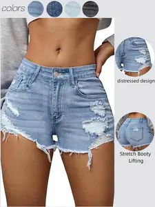 Emery Rose Y2K Style Ripped Raw Edge Denim Shorts, Fashion Unisex Clothing, Casual Wear, All Seasons, Plain Pattern