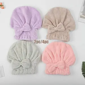Women Bath Set With Bowknot Decor Shower Cap & Hair Drying Bonnet, Soft Super Absorbent Reusable Microfiber Hair Towel Wrap, Daily Household Personal Hair Care Supplies