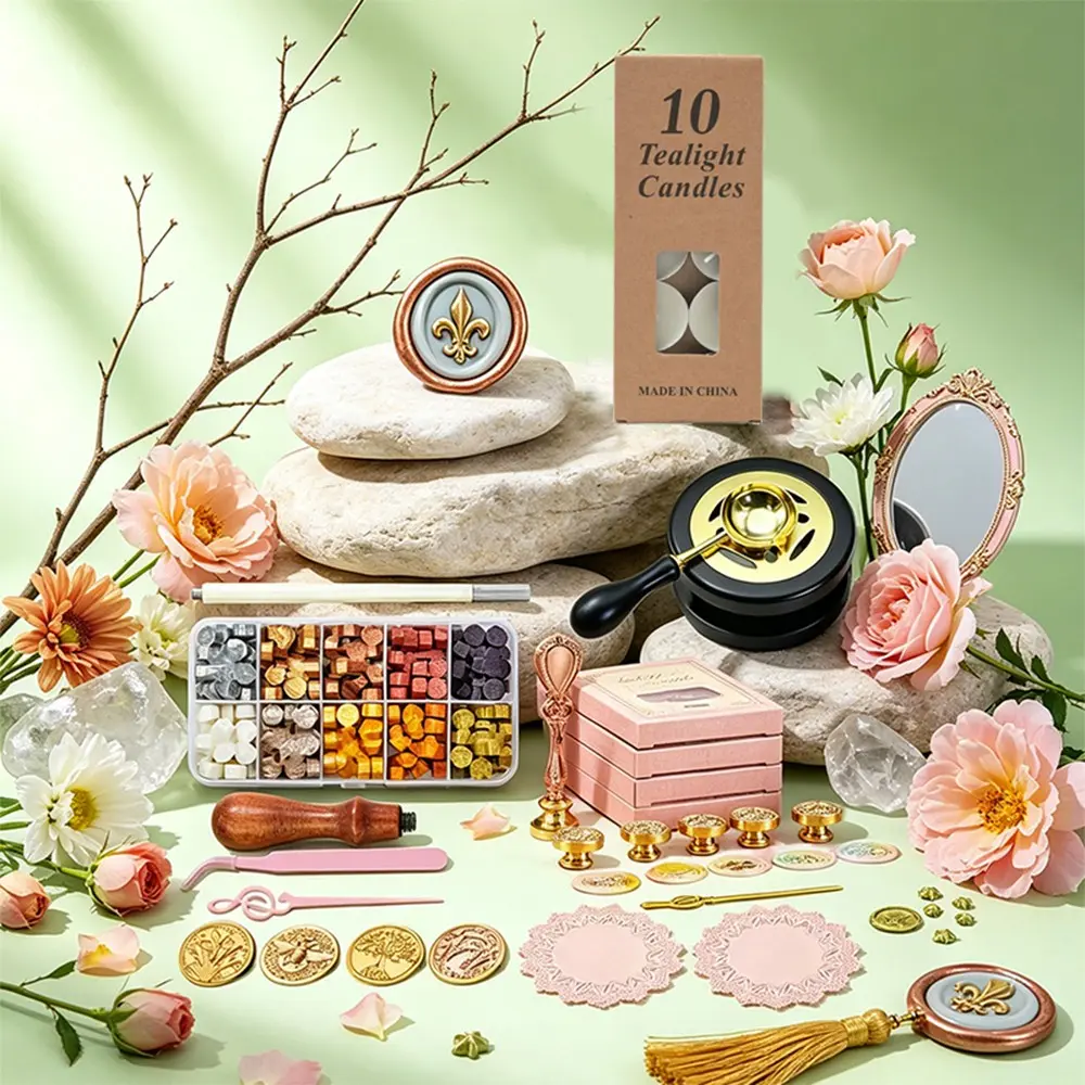 Vintage Elegant Metal Iris Wax Seal Set, Wax Seal Stamp Kit, Gold Series Complete Tools, Large Capacity Sealing Wax Beads, Ideal for Invitations, Gift Wrapping, Letter Seals