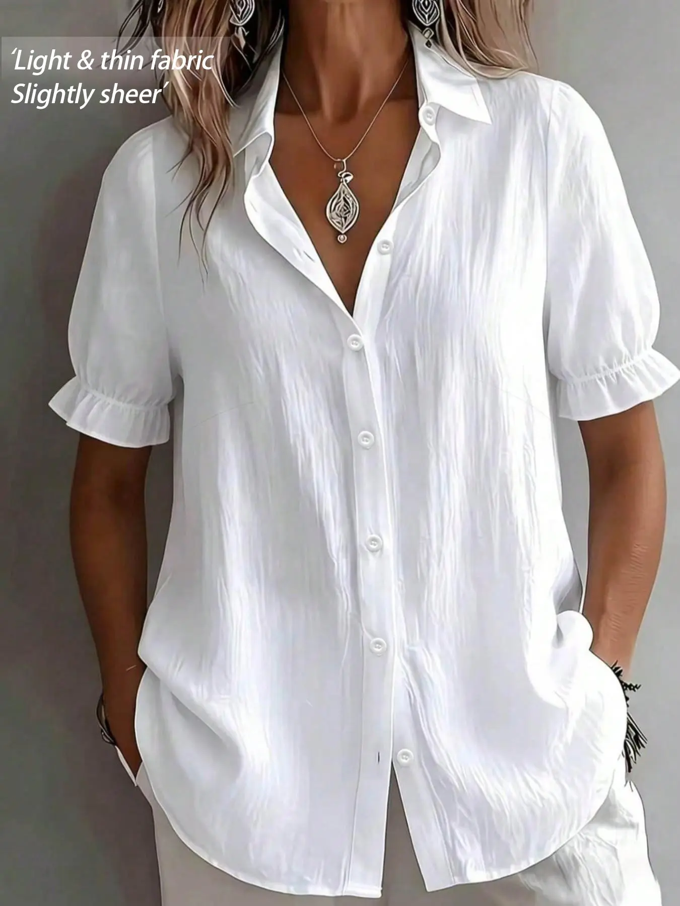Plus Size Ruched Short-Sleeve Collared Button Front Blouse Casual Button-Detail Ruffled Cuff Loose Fit Shirt, Y2K Clothes Summer Daily Wear, Trendy Minimalist Tops, Comfortable Relaxed Fit Casual Ensembles, Stylish Classic Detail Party Casual Wear