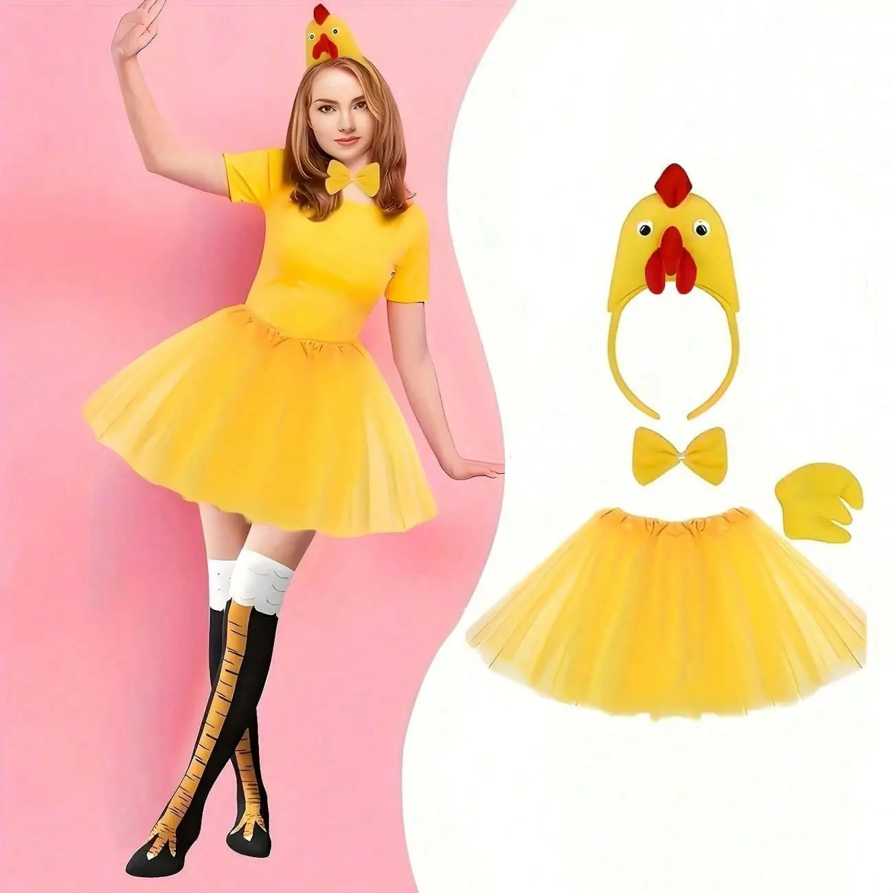 4-Piece Chicken Costume Set, Headpiece, Tail, Skirt, Perfect for Theme Parties, Role Play, Easter, Halloween, Cosplay Props