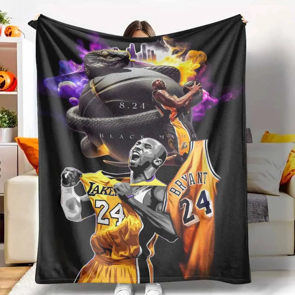 Kobe Bryant Black Mamba Flannel Blanket, Basketball Snake Theme Throw, Super Soft Cozy Throw, Adult Flannel Blanket, Kids Flannel Blanket, Plush Sofa Bed Travel Sports Fan Gift