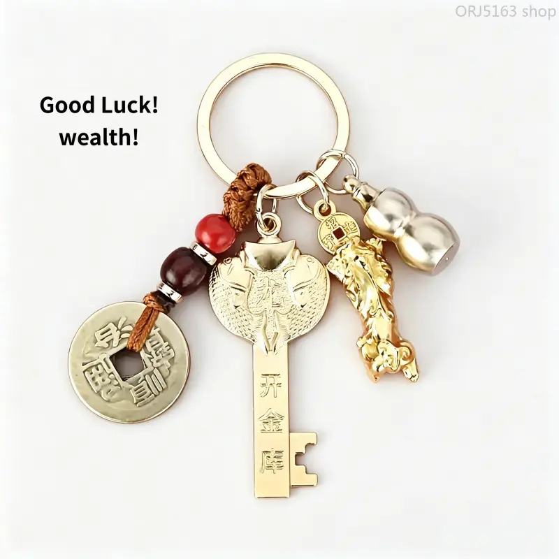 Feng Shui Five Blessings Set, Auspicious Chinese Amulet for Luck, Wealth, Health & Success, Exquisite Blessing Gift Bag, Traditional Feng Shui Ornament for Home/Office/Car, Symbolizes Longevity, Prosperity, Virtue & Peace, Ideal for Gift,titanium,keychain
