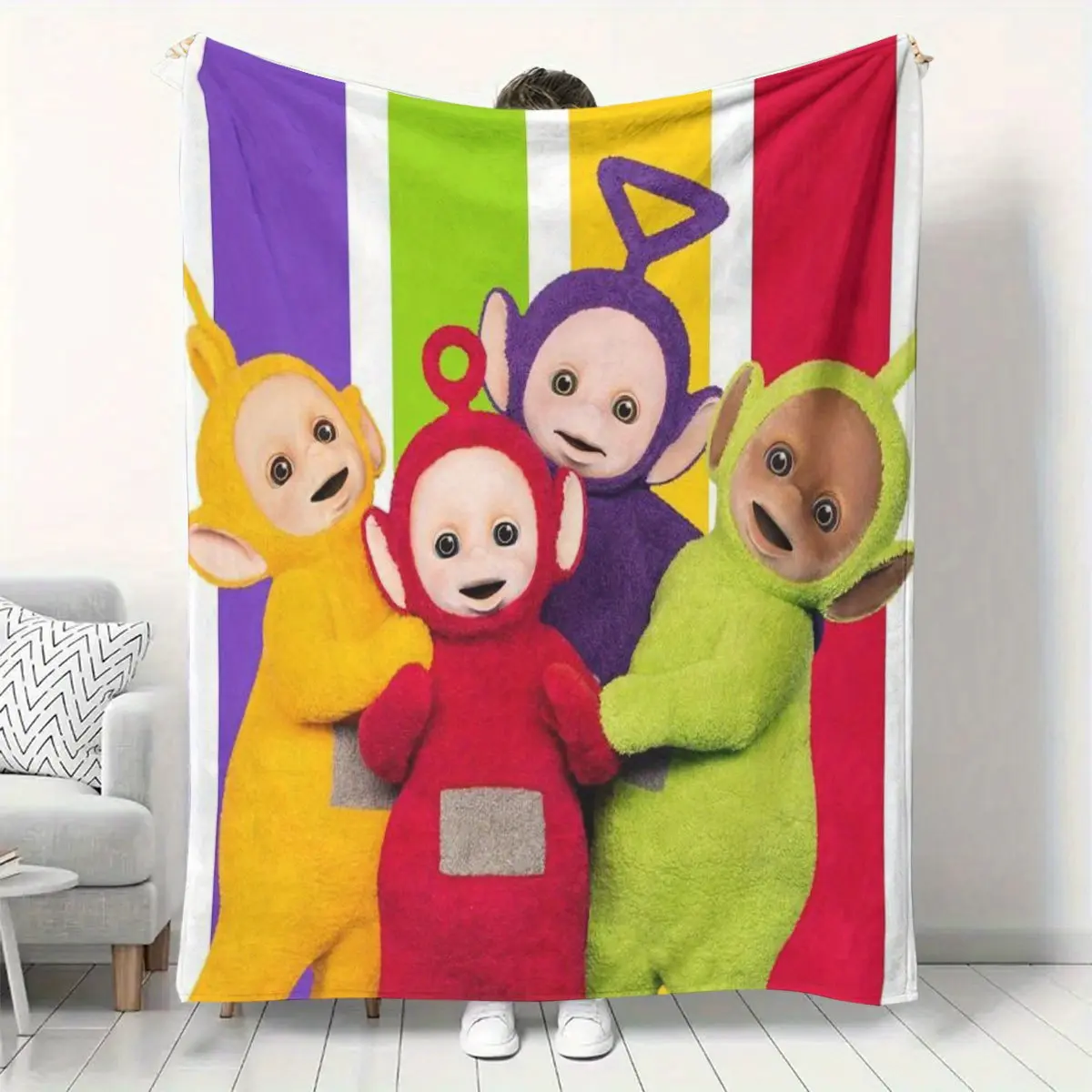 1pc Teletubbies Four Characters Primary Color Strip Print Flannel Blanket All Season Cozy Travel Blanket, Perfect Birthday Gift For Kids