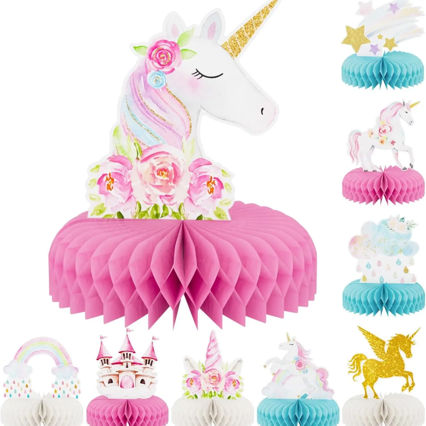9Pcs Unicorn Birthday Party Centerpieces Decorations Unicorn Honeycomb Centerpieces 3D Pastel Double Sided Rainbow Cloud Table Decoration Table Topper for Princess Birthday Party Supplies Baby Shower Decoration Birthday Decorations Magical