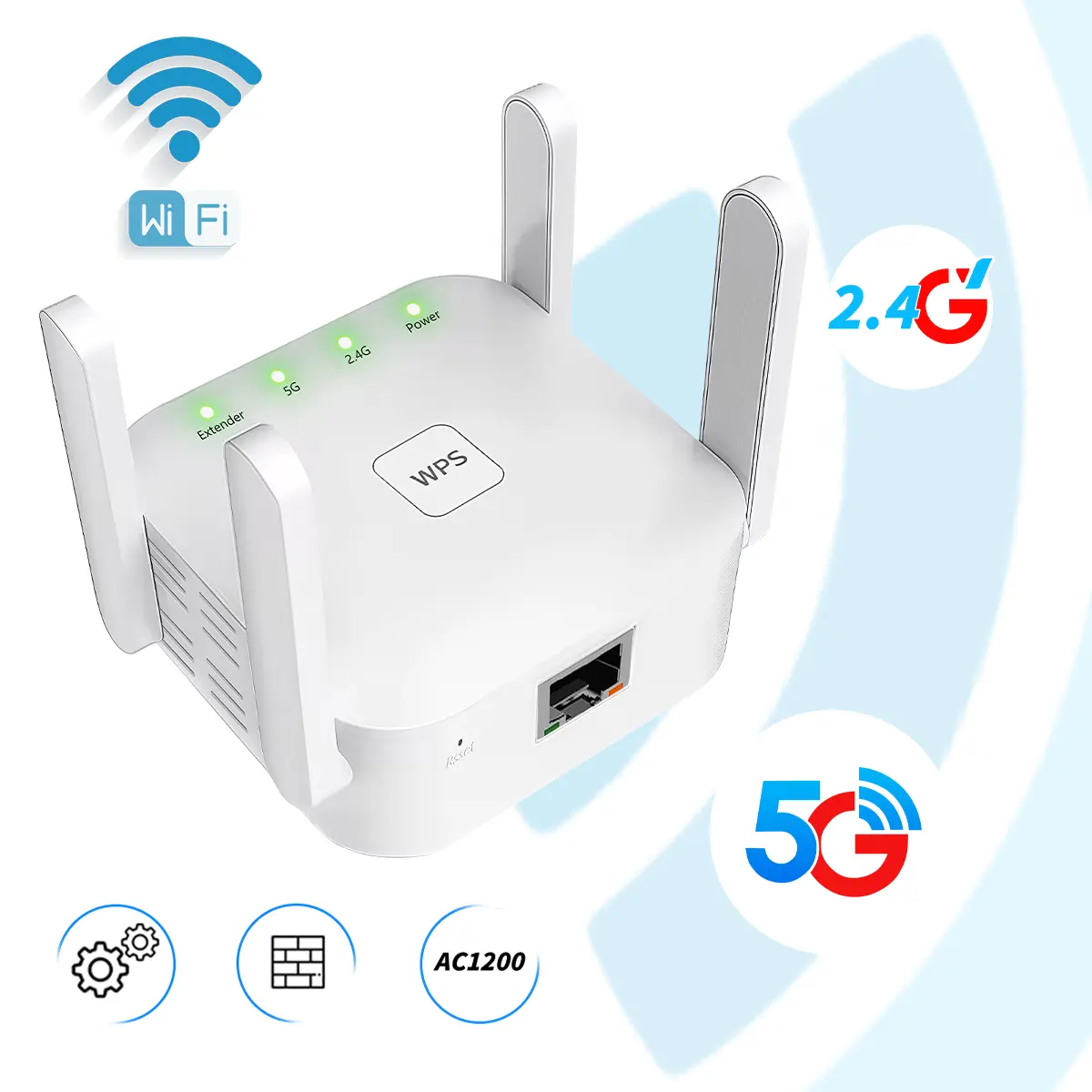 Dual Band WiFi Extender 1200Mbps, 4 High-Gain Antennas, Whole Home Coverage, Supports 100 Devices, Ethernet Port, Ideal for Home, Apartment, Office, Gaming, Streaming, Video Calls & Smart Home Devices