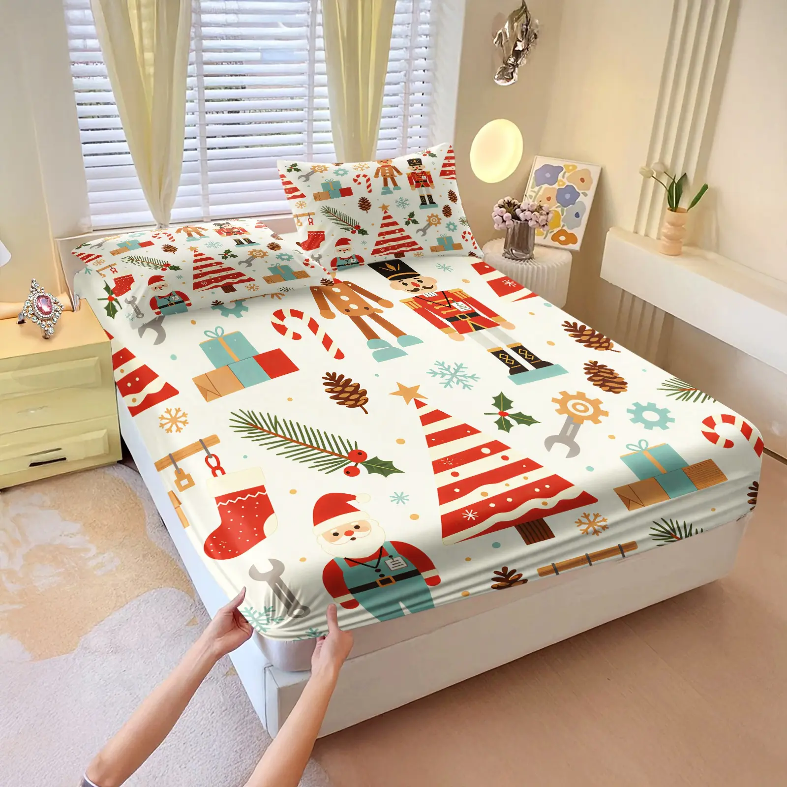 3Pcs Macaron Mint Christmas Tree Cute Reindeer Santa HD Reactive Print Fitted Sheet Set, Wrinkle Resistant Fabric For Soft Holiday Loving Girls Rental Apartment Renovation