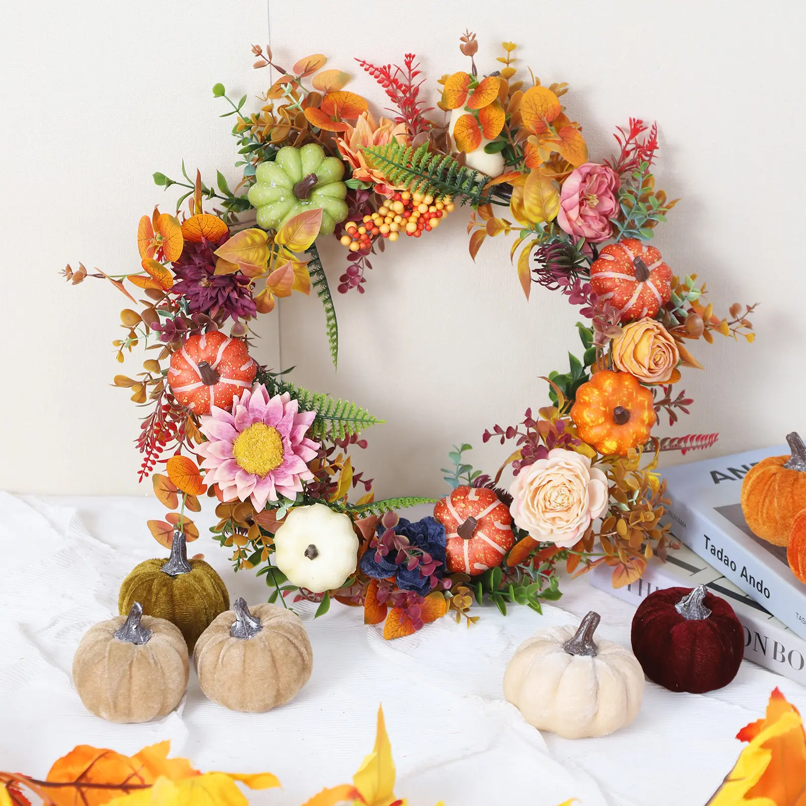 18 Inch Artificial Fall Wreath with Pumpkins & Flowers, Autumn Harvest Front Door Wreath, Farmhouse Thanksgiving Halloween Indoor Outdoor Hanging Decor