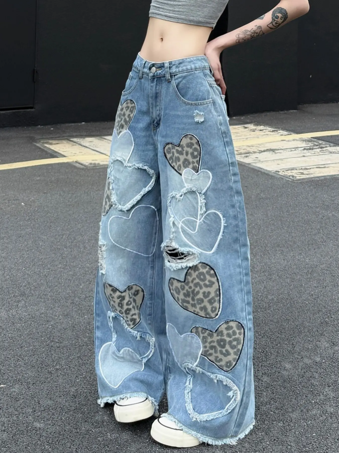 Heart Patchwork Embroidery Women's Jeans, Fuzzy Edge Patched Hole Design, Fashion Aesthetic Streetwear Wide Leg Long Pants, All Seasons Loose Fit