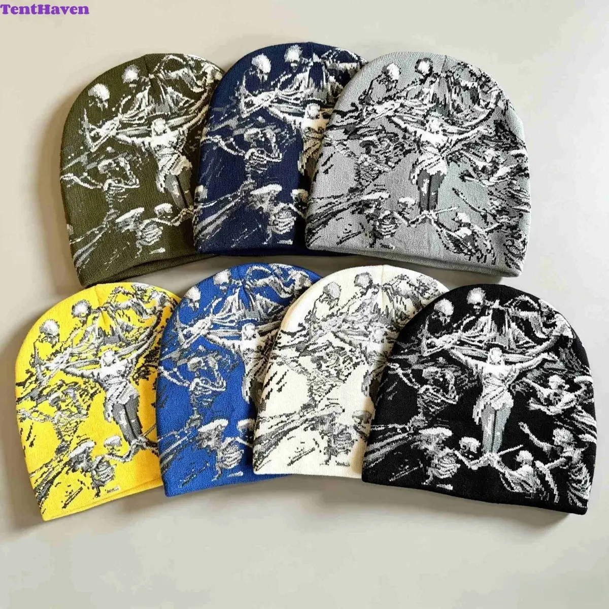 Y2K Streetwear Jacquard Knit Beanie Hat, Unisex Retro Graphic Wool Winter Hat with Personalized Pattern Design, Soft Warm Thick Knit Cap for Men & Women, Aesthetic Urban Fashion Accessory for Fall Winter Outdoor Daily Wear