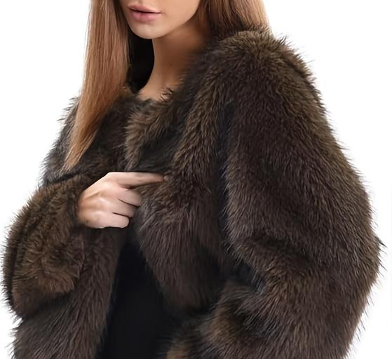 Women's Short Faux Fur Jacket - Brown Winter Coat with Pockets, Collar & Single-Breasted Closure, Hand Washable Synthetic Outerwear for Casual & Business, Short-Length Warm Coat - Fall/Winter Blazer