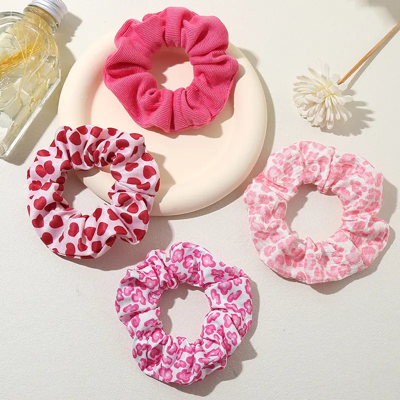 Sweet Pink Series Satin Fabric Scrunchies for Women Heart Floral Design Cute Girl Versatile Autumn Winter Hair Ties Daily Bun Hair Accessories