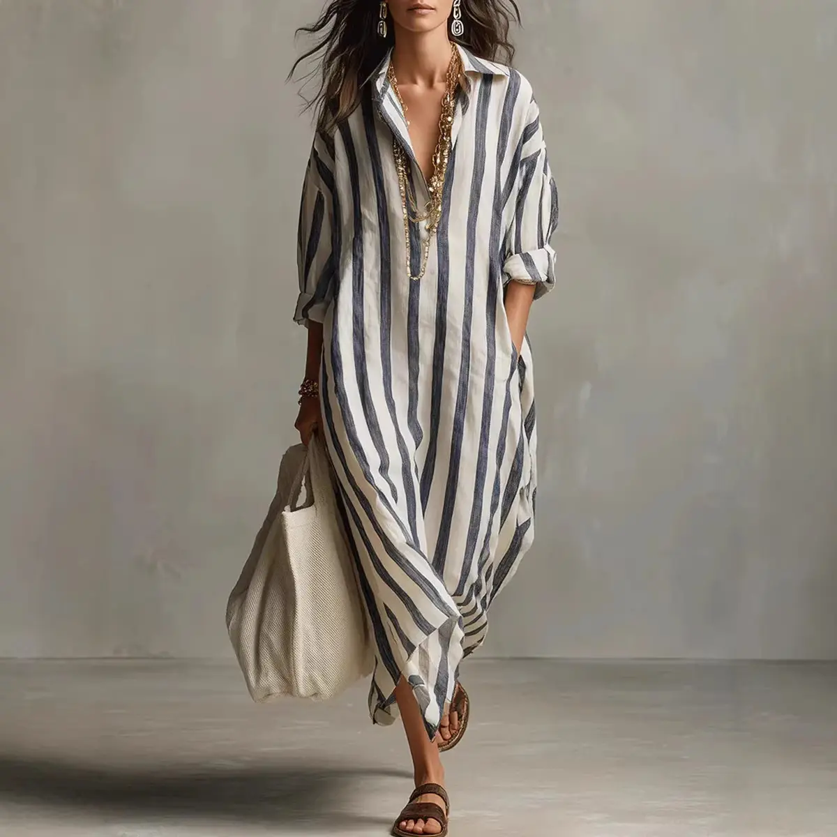 Women's Oversized Striped Linen Shirt Dress, Loose V Neck Midi Dress with Side Pockets, Breathable Lightweight Boho Casual Dress for Beach Vacation Daily Streetwear