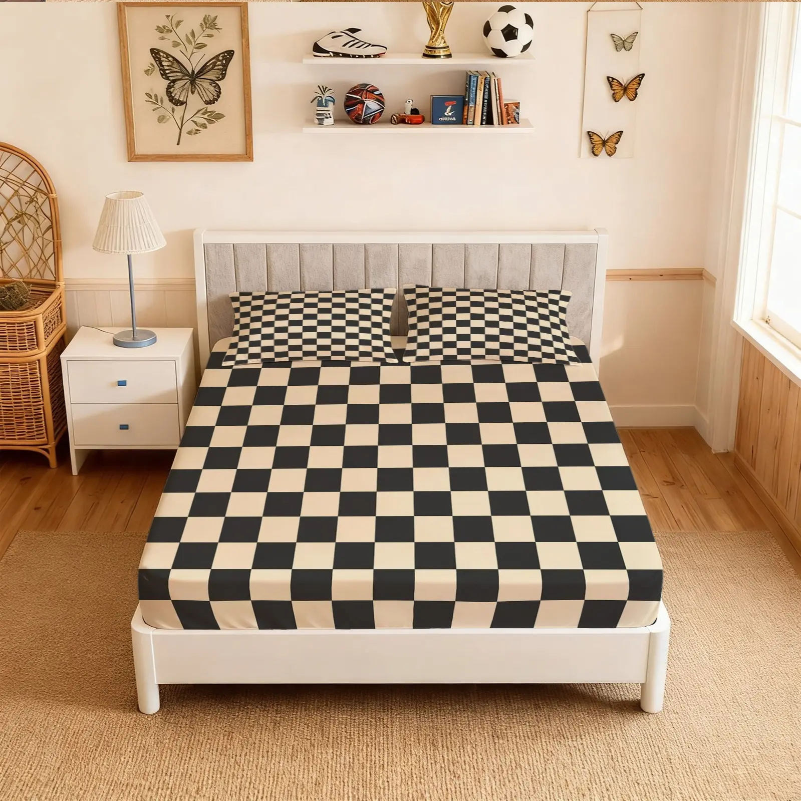 3Pcs Black Beige Checkerboard Fitted Sheet Set (1 Fitted Sheet + 2 Pillowcases, No Pillow Inserts), Modern Minimalist Digital Print Deep Pocket Bed Sheet, Perfect for Bedroom Farmhouse Decor & Holiday Gifts