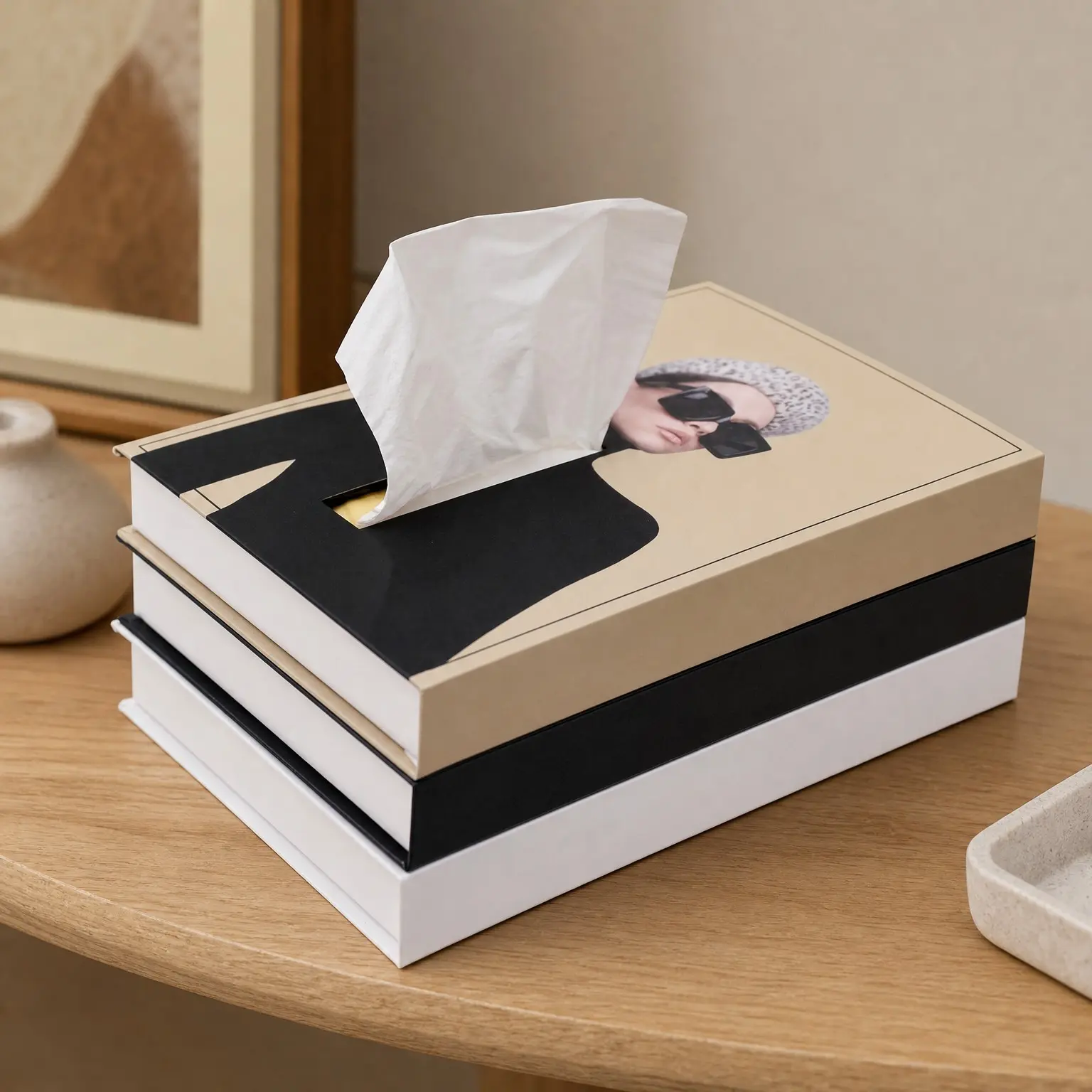 Decorative Faux Book Rectangular Tissue Box Cover - Chic Modern Tissue Holder Dispenser Large Enough for Rectangular Tissue Boxes, Khaki Neutral Decor GiftGift