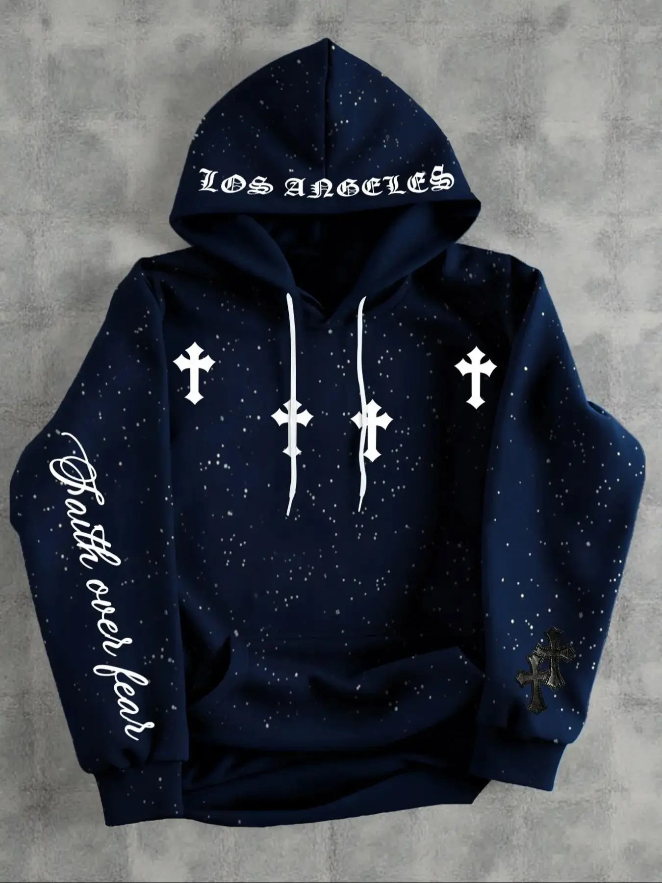 Men's Fall Winter Pullover Hoodie, Gothic Cross Design, Ditsy Floral Pattern, Loose Fit, Kangaroo Pocket, Casual Outdoor Wear, Gothic Clothes