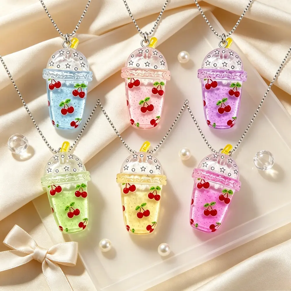 6Pcs Random Glitter Jelly Bubble Tea Cup Resin Necklace Set – Cherry Drink Cup Pendant Necklace – Perfect for Daily Wear, Summer Outfit Photo Prop, Bestie Gift, Birthday Favor & Simulated Food Jewelry Collection