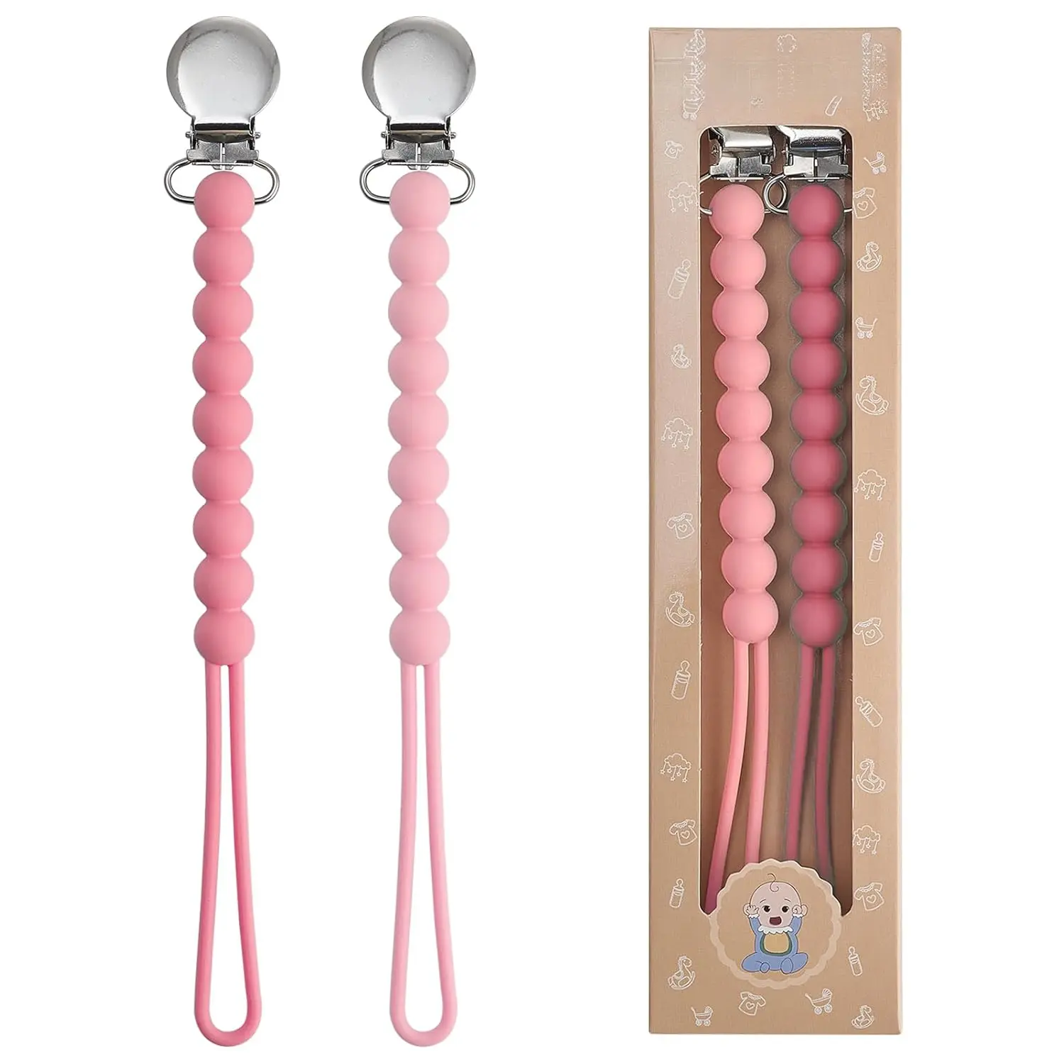 2 Pack Braided Pacifier Clips for Baby, Pink & Beige Binky Holder with Wooden Clip, Baby Shower & Holiday Gift for Newborns to 3 Years, Yes, 0 - 3 Years, Paci Clip
