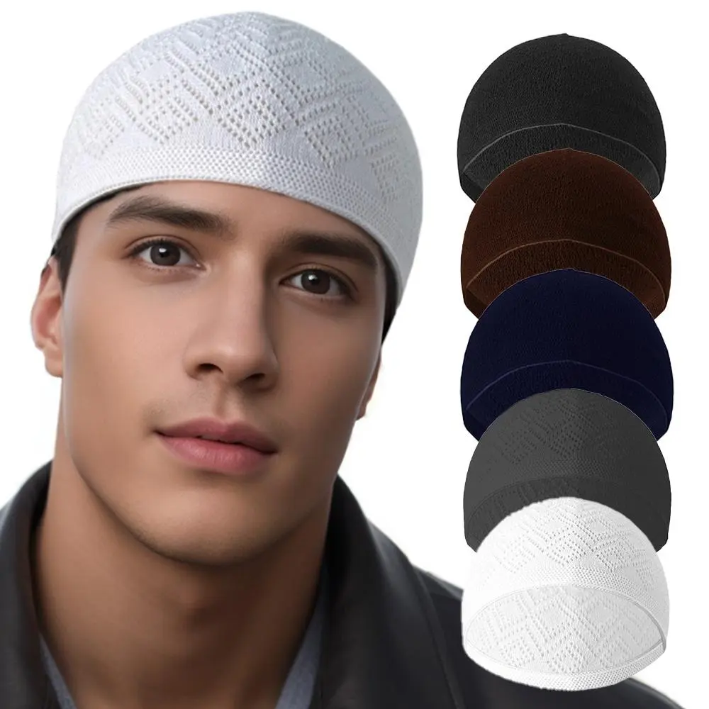 5Pcs/Pack Muslim Ethnic Style Men's Ramadan Prayer Hat, Warm Knit Comfortable Elastic Hair Cap for Autumn and Winter, Bohemian Solid Color Retro Men's Headscarf, Perfect Gift for Men on Father's Day, Christmas, and Ramadan