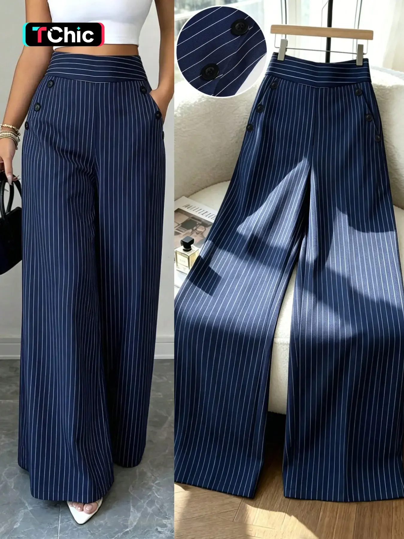 New Korean Style Spring Summer Youthful Fashion Simple Elegance Linen Blue Striped Pants, High Waist Straight Leg Trouser for Women