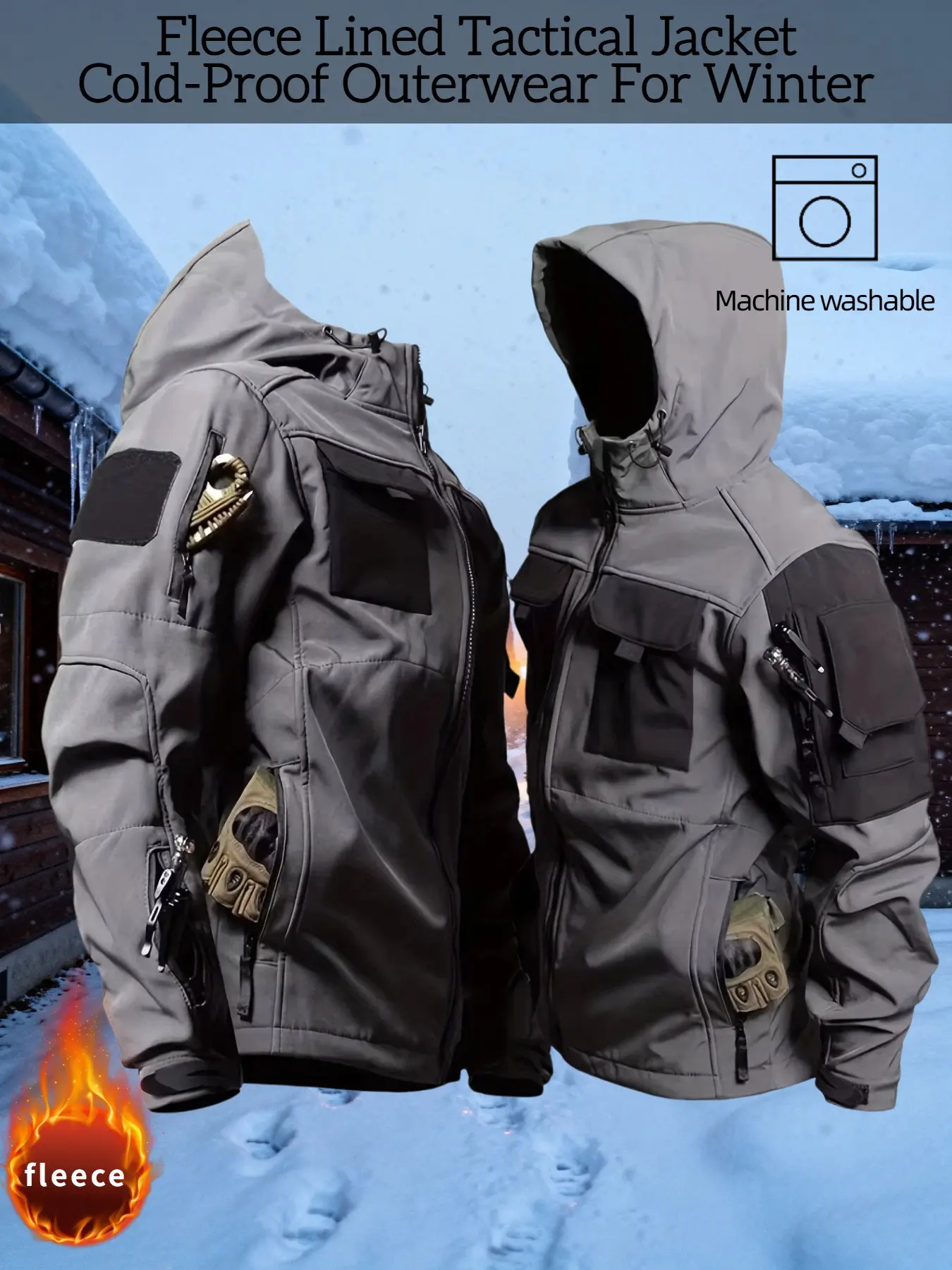 Men's Outdoor Tactical Winter Jacket, Waterproof Windproof Multi-Pocket Hooded Fleece Jacket, Ideal for Hunting, Hiking, Cycling, Fishing, Skiing, Climbing