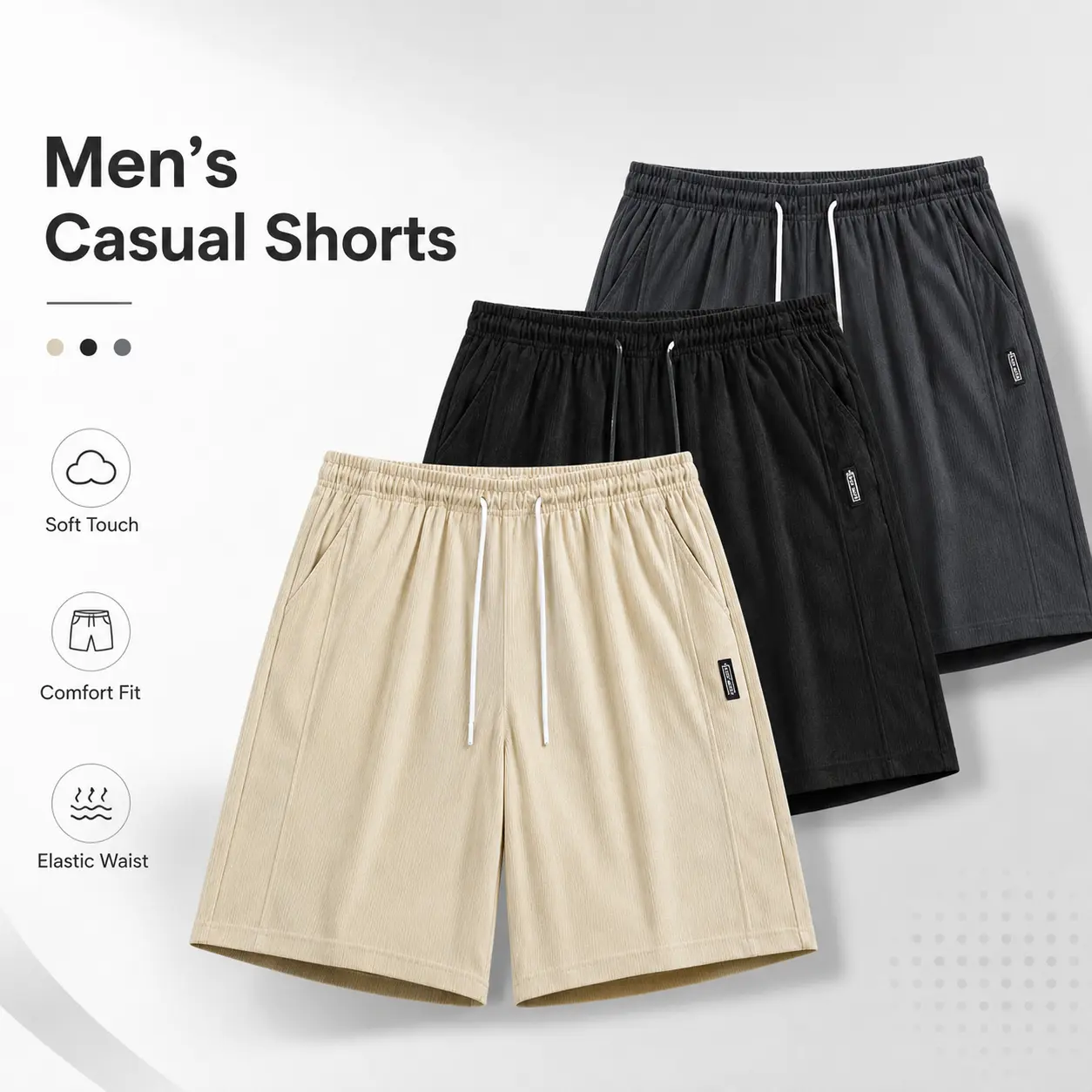 Men Corduroy Casual Shorts Elastic Drawstring Waist Loose Fit Straight Leg with Pockets