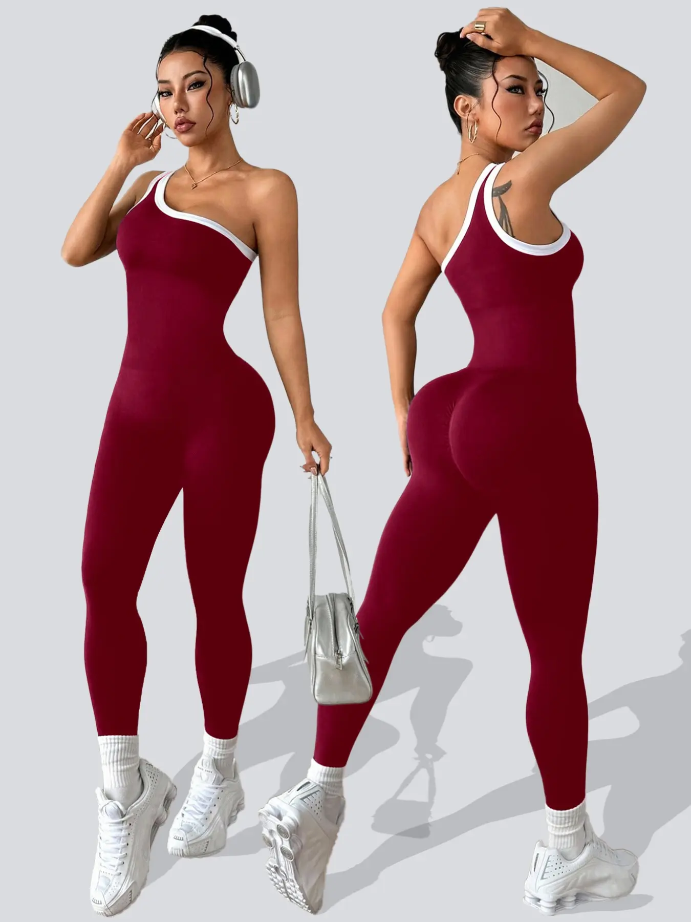Women's Colorblock Asymmetrical Neck Sleeveless Knit Yoga Jumpsuit, Casual Slim-Fitting Long Sleeve Top for All Seasons, Stretchable Activewear, Stretchy Jumpsuit, Casual Sporty Jumpsuit, Athletic Jumpsuit, Sports Jumpsuits