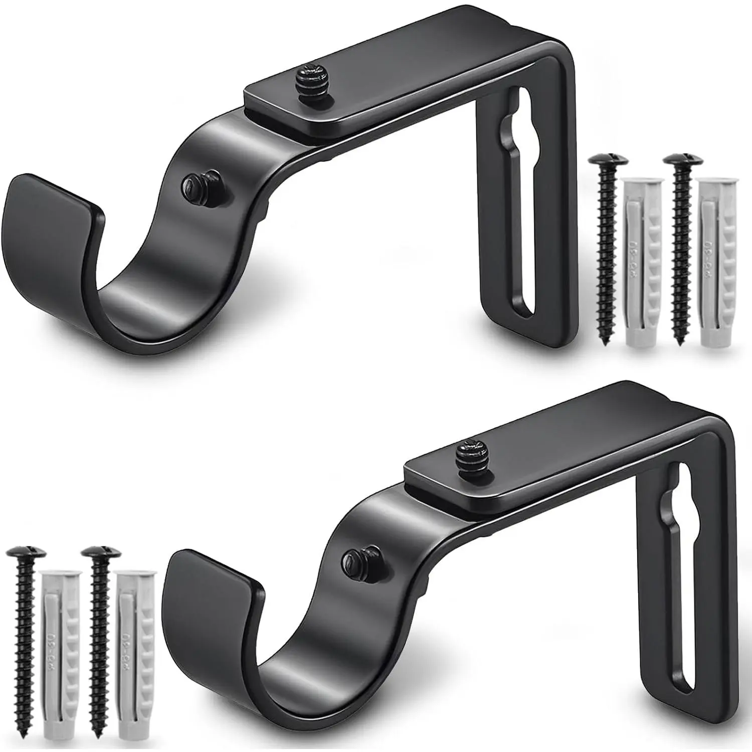 Curtain Rod Bracket Adjustable, Drapery Rod Holder Hooks Support Hangers for 1 inch Diameter Window Curtain Rods (Black, 2-Pack)